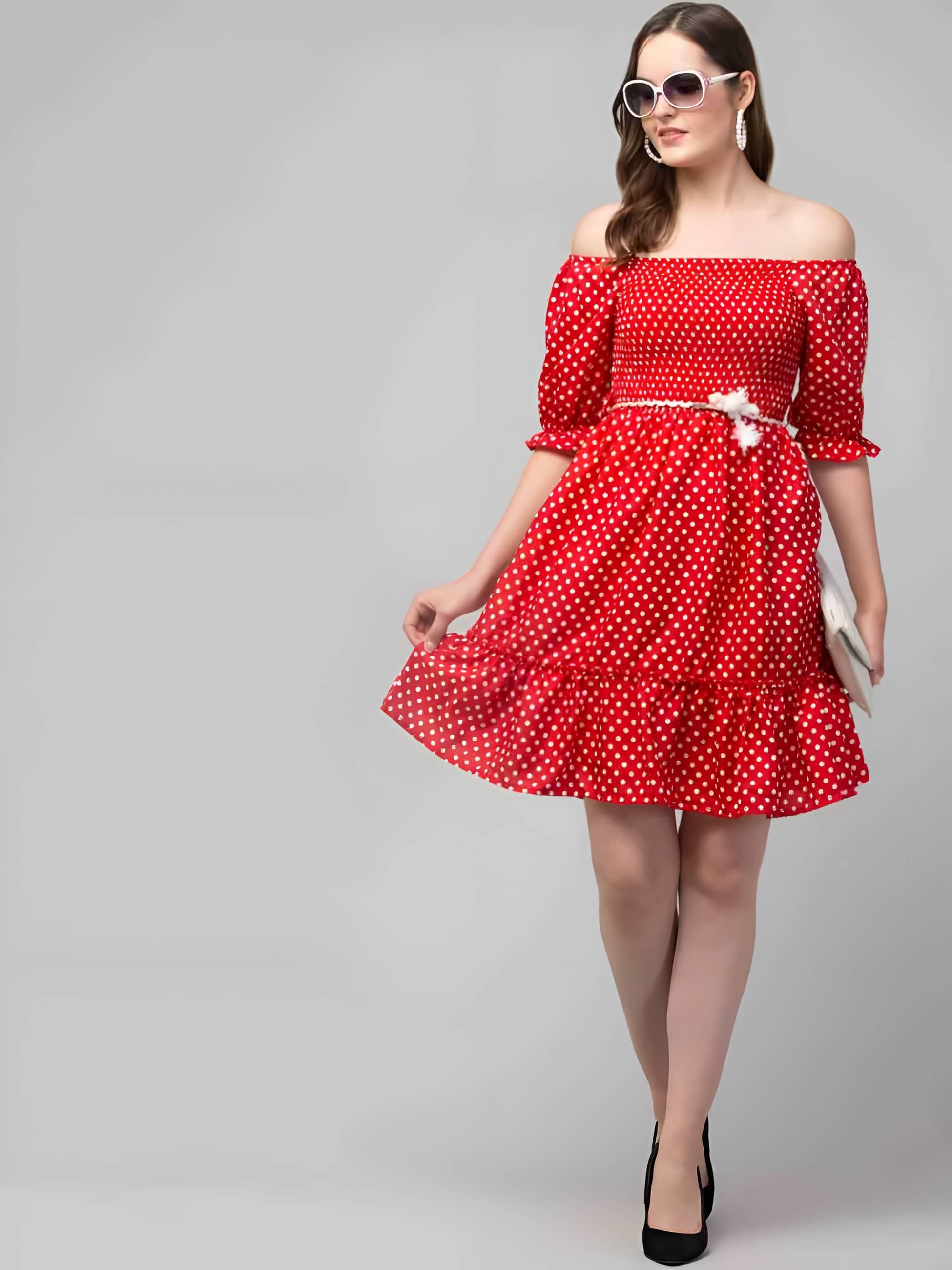 JASZZ Women Crepe Printed Fit & Flare Dress ( Red ) JASZZ Women Crepe Printed Fit & Flare Dress ( Red )