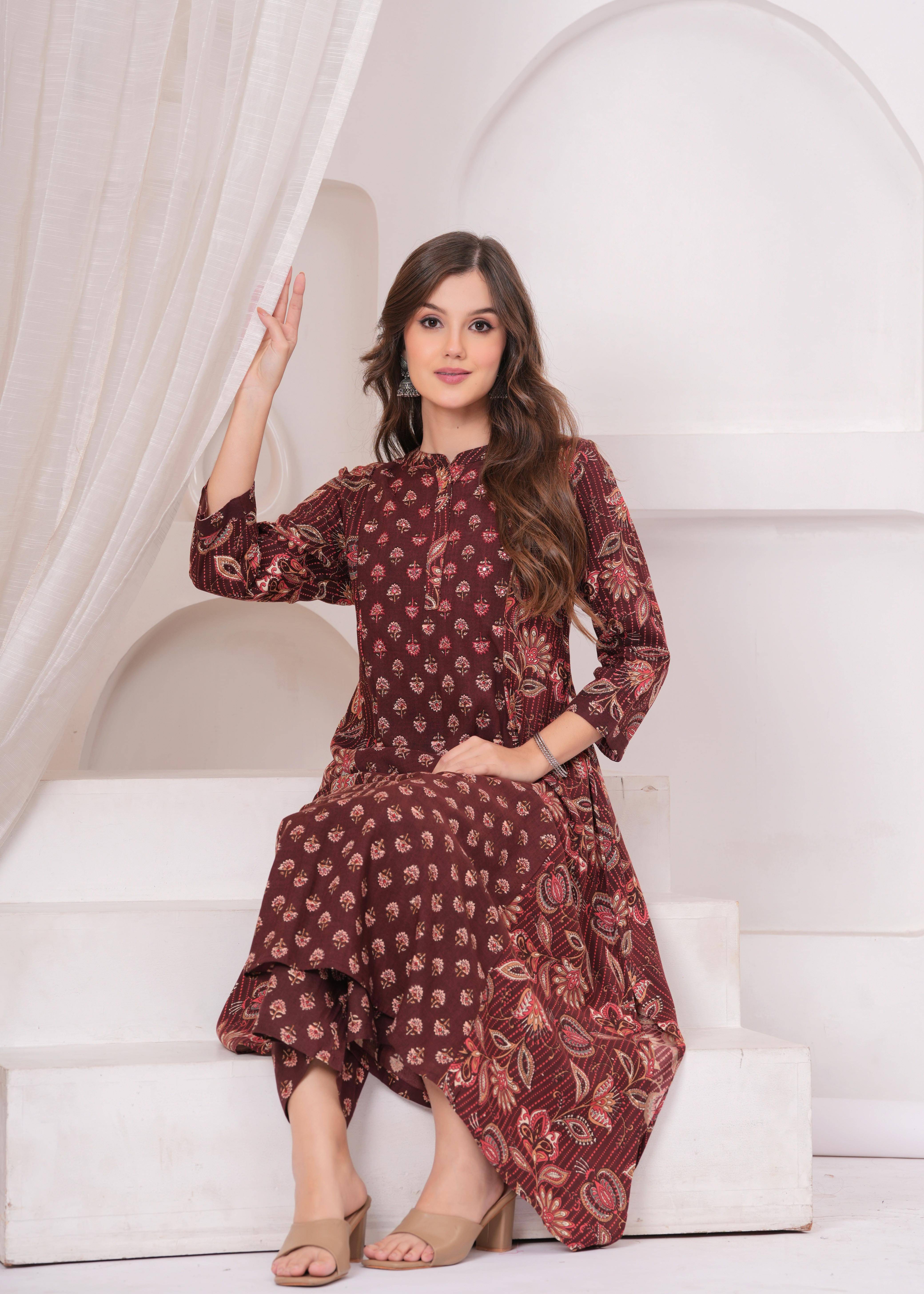     			JC4U Women Viscose Self Design Straight Kurti With Pants ( Maroon )