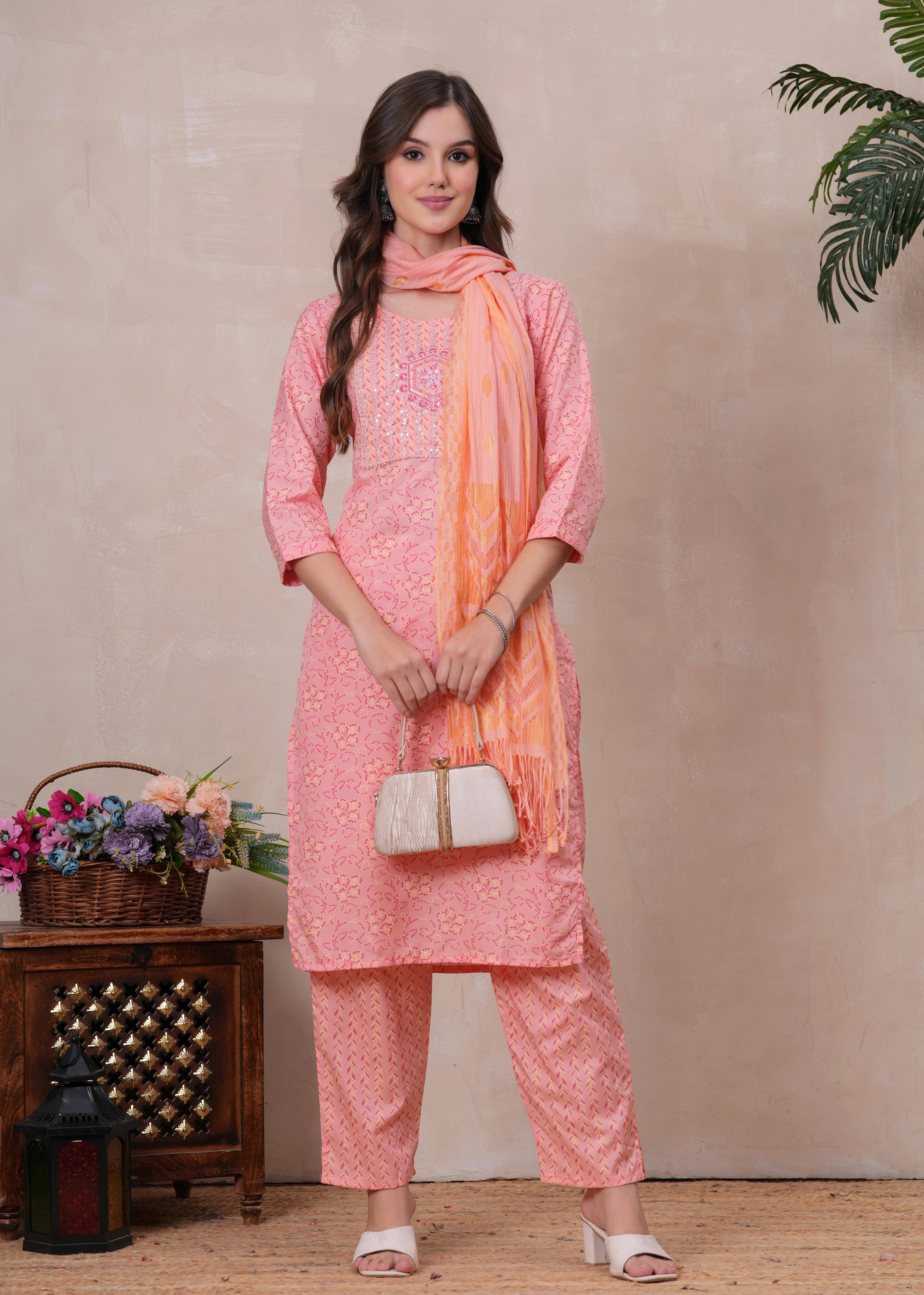     			JC4U Women Viscose Self Design Straight Kurti With Pants ( Peach )