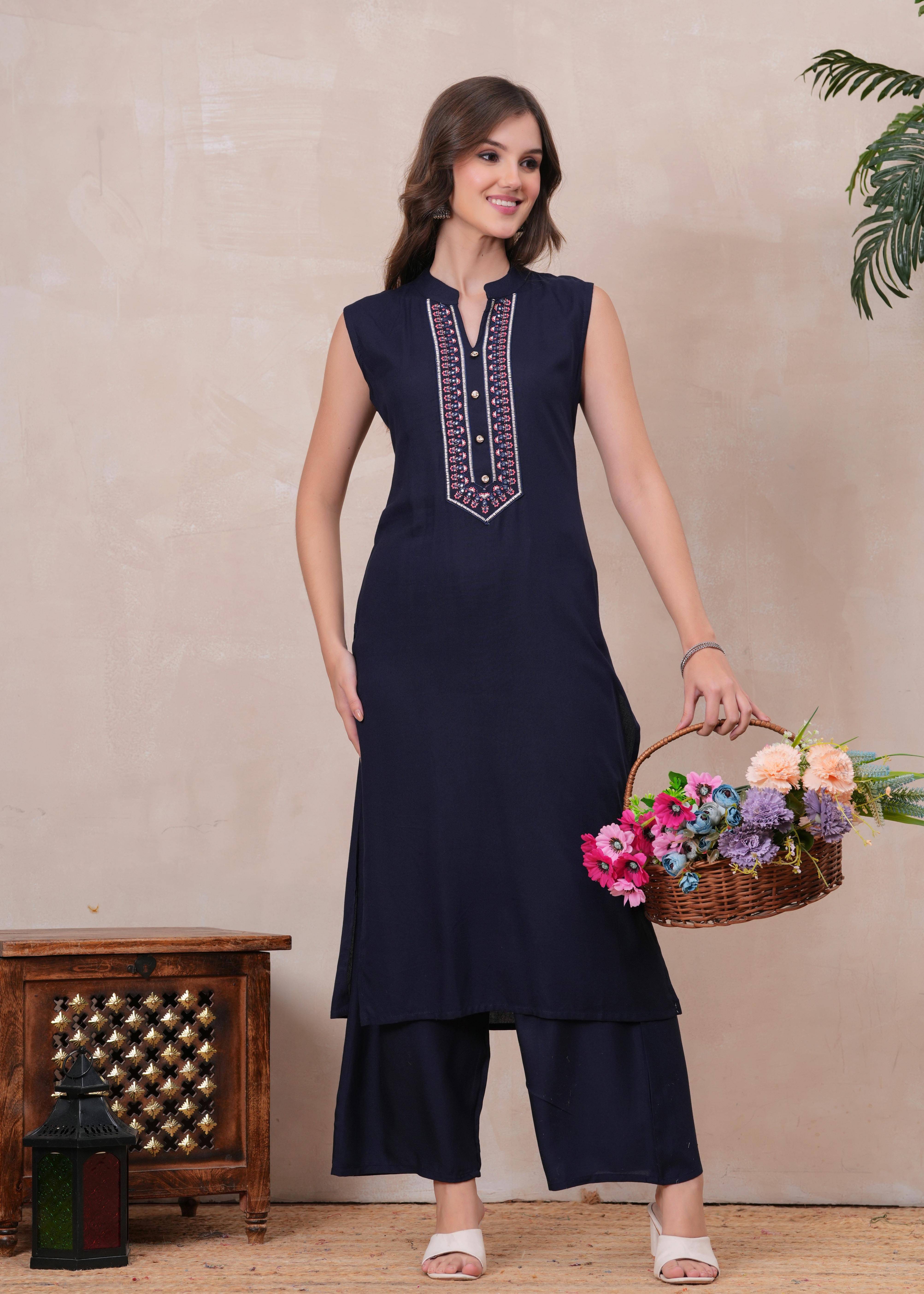     			JC4U Women Viscose Self Design Straight Kurti With Pants ( Navy )