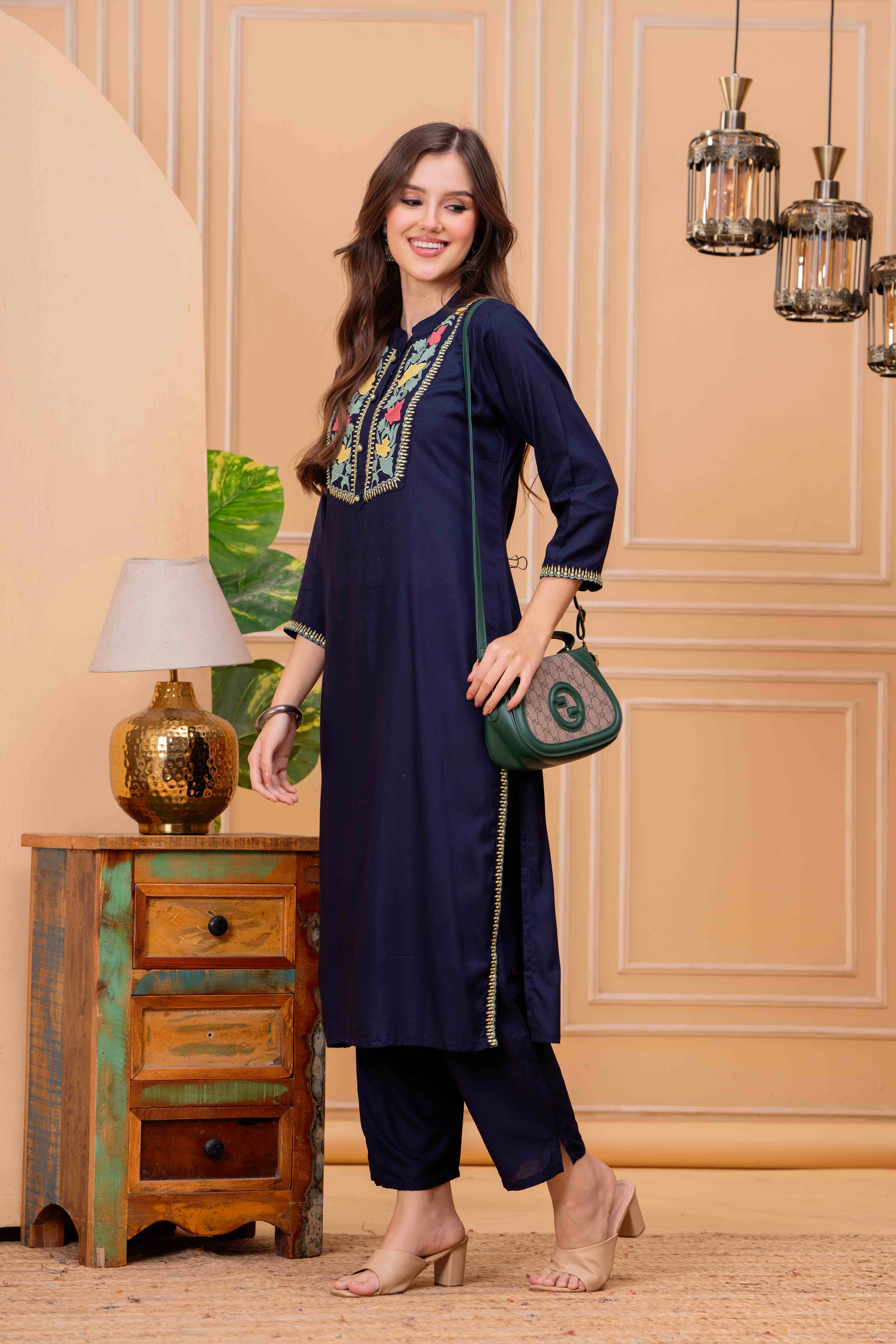     			JC4U Women Viscose Self Design Straight Kurti With Pants ( Navy )