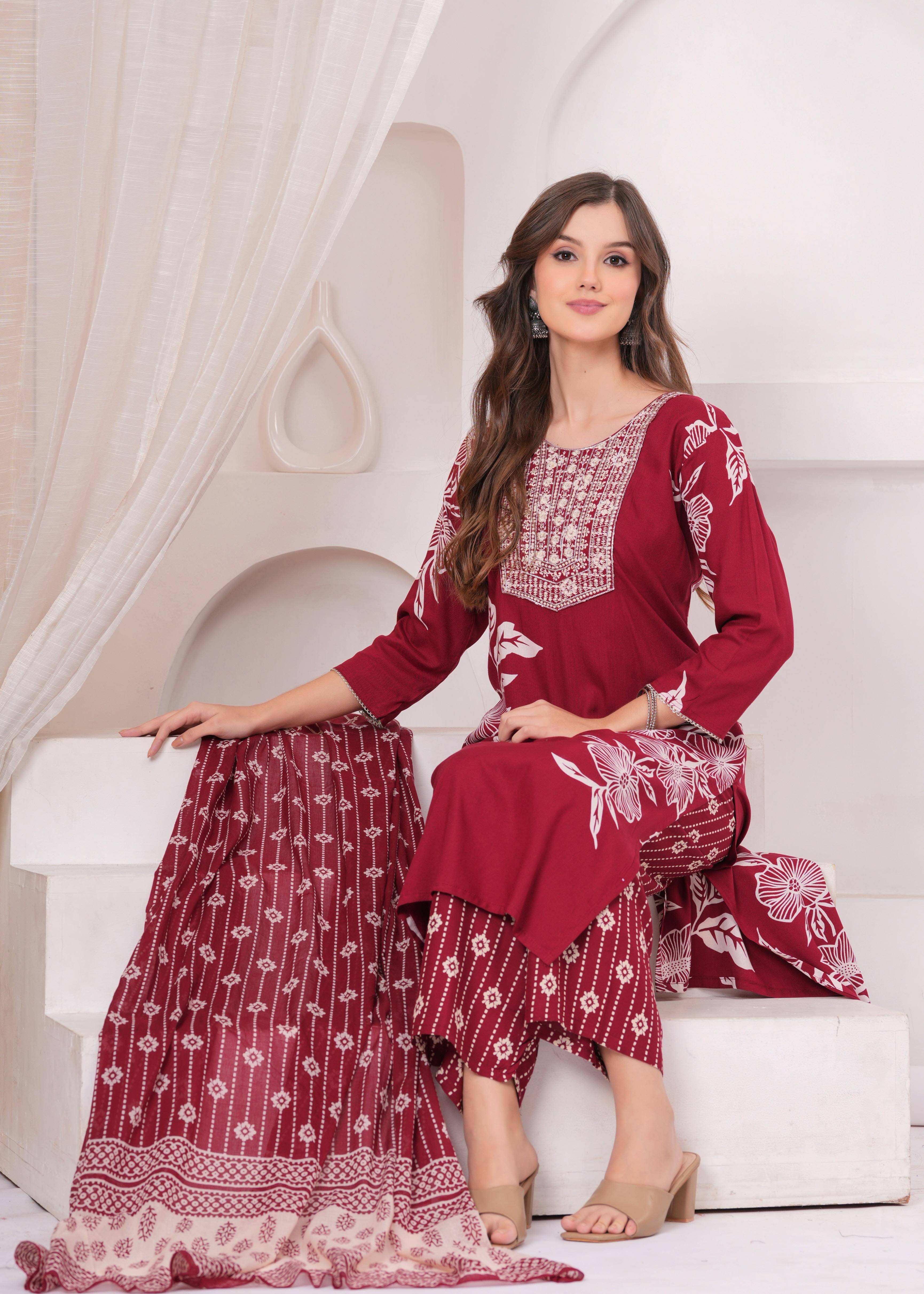     			JC4U Women Viscose Self Design Straight Kurti With Pants ( Red )