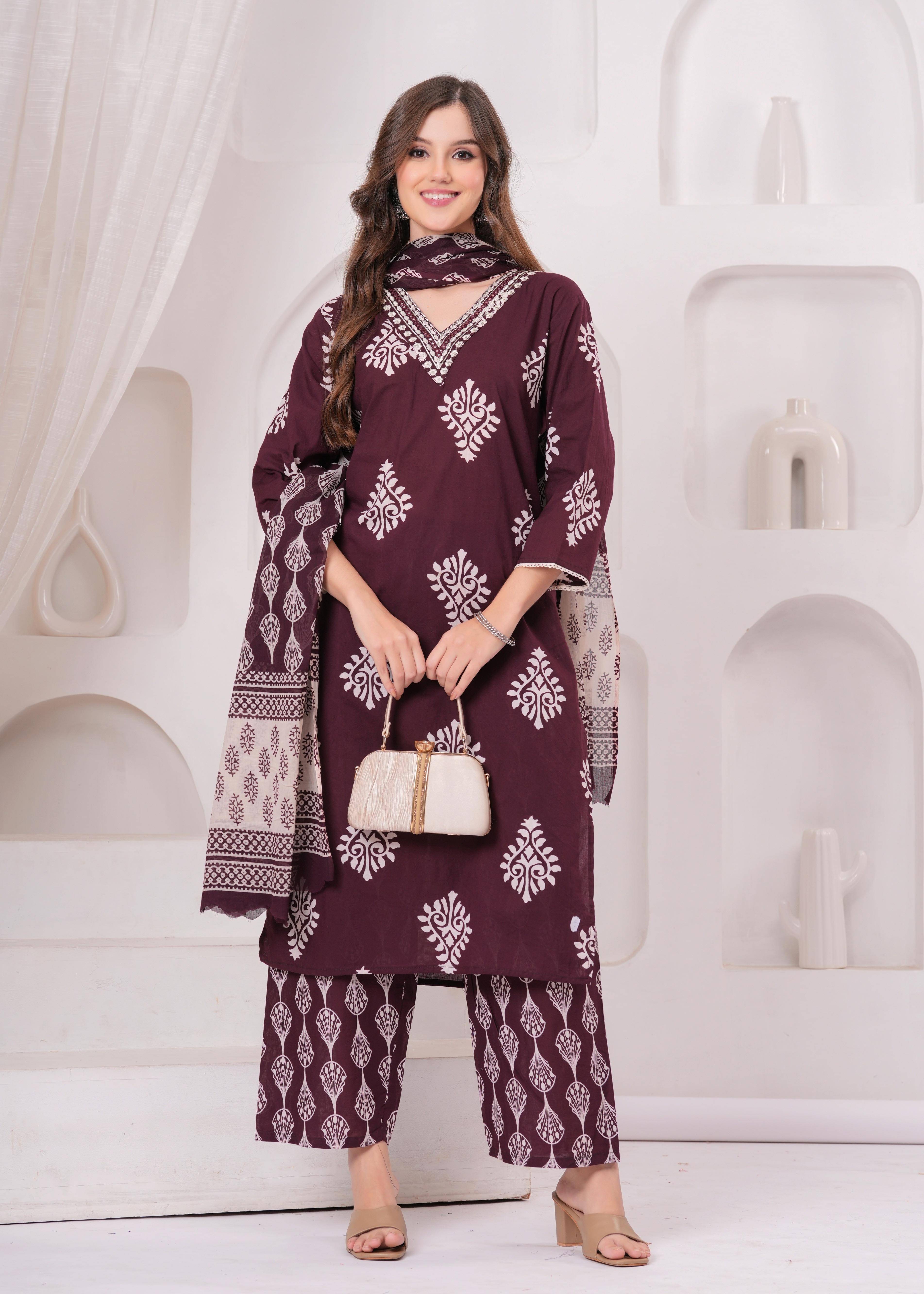     			JC4U Women Viscose Self Design Straight Kurti With Pants ( Wine )