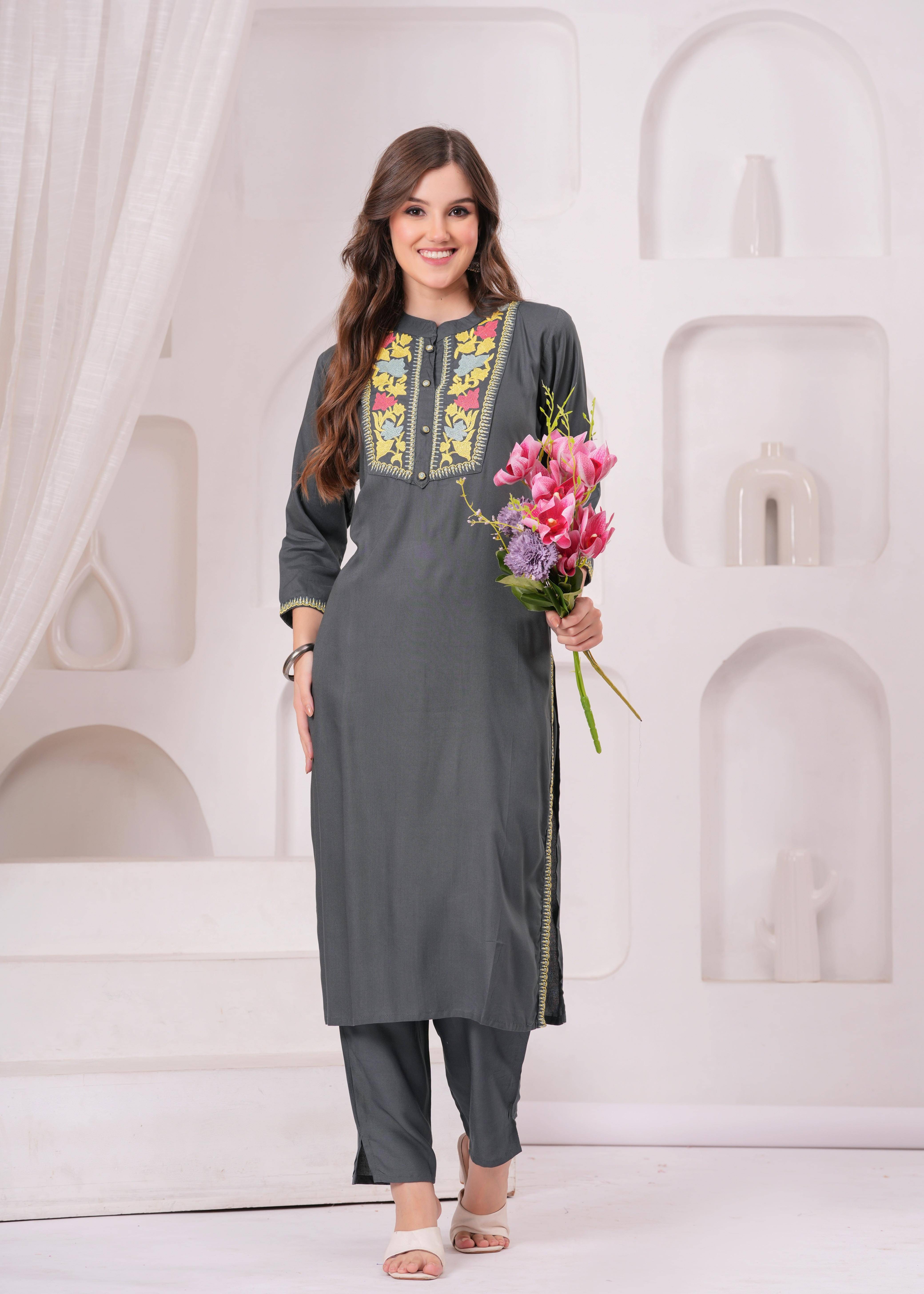     			JC4U Women Viscose Self Design Straight Kurti With Pants ( Grey )