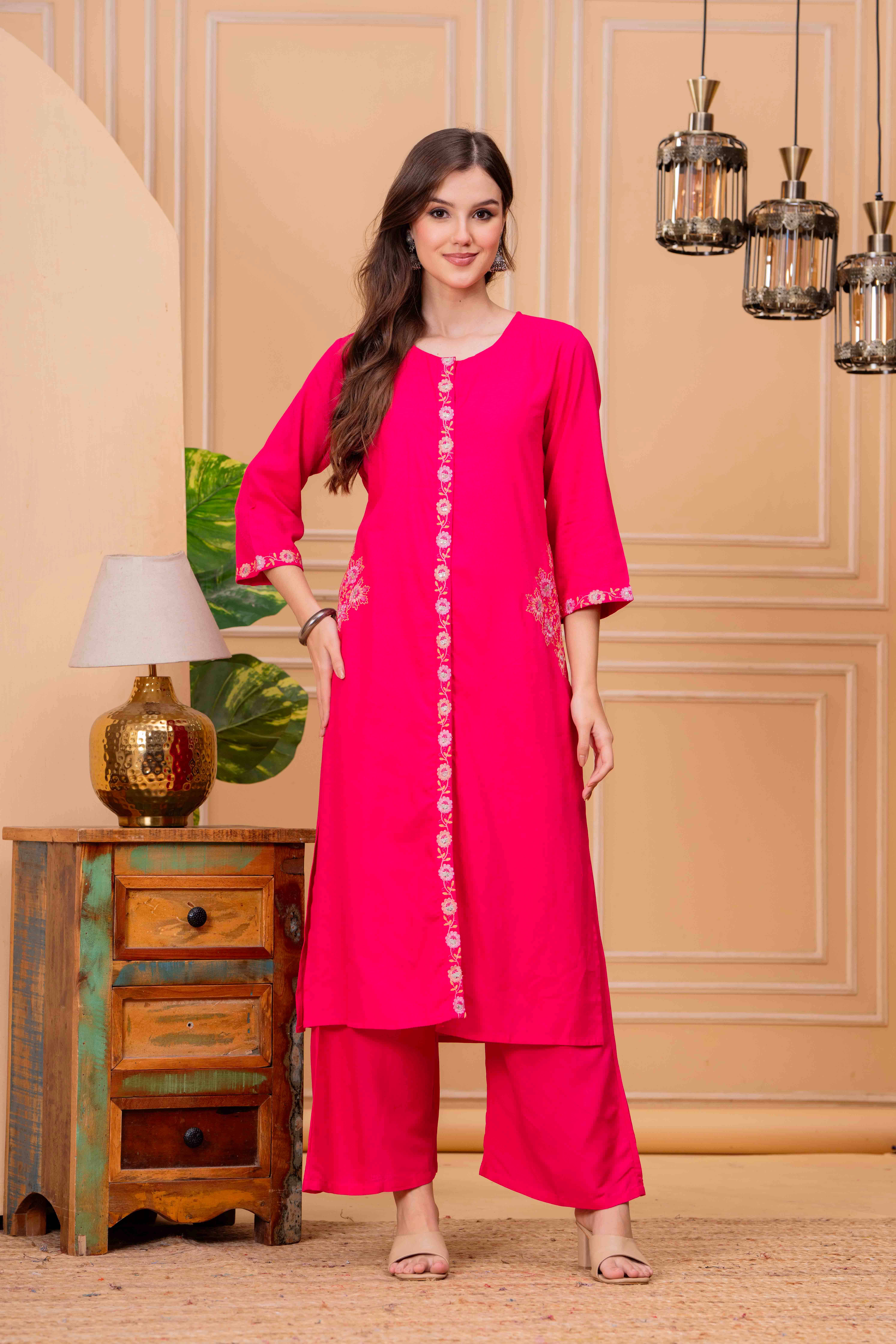     			JC4U Women Viscose Self Design Straight Kurti With Pants ( Pink )
