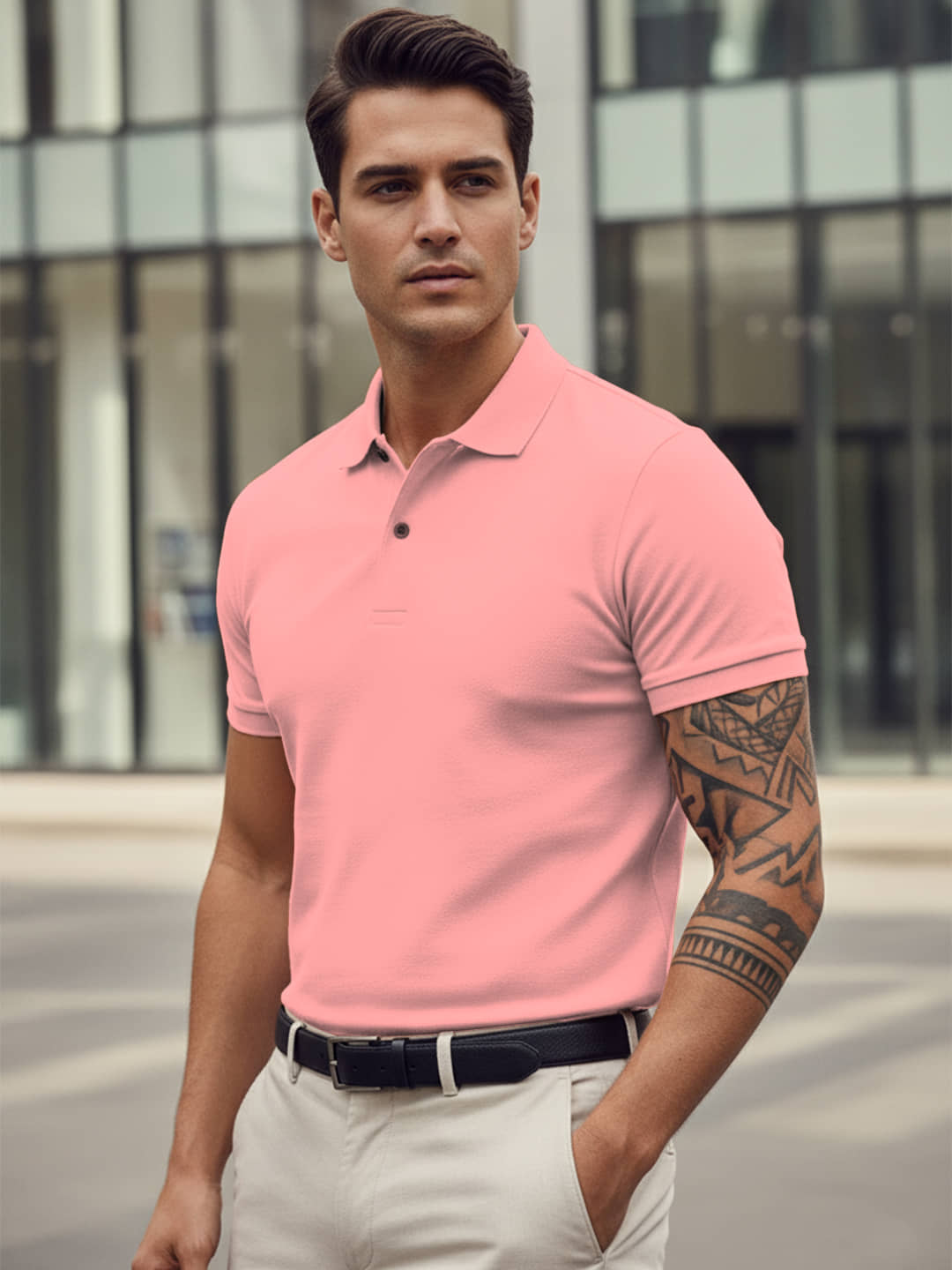 Leotude Men Cotton Blend Regular Fit Solid Polo T Shirt ( Pink )