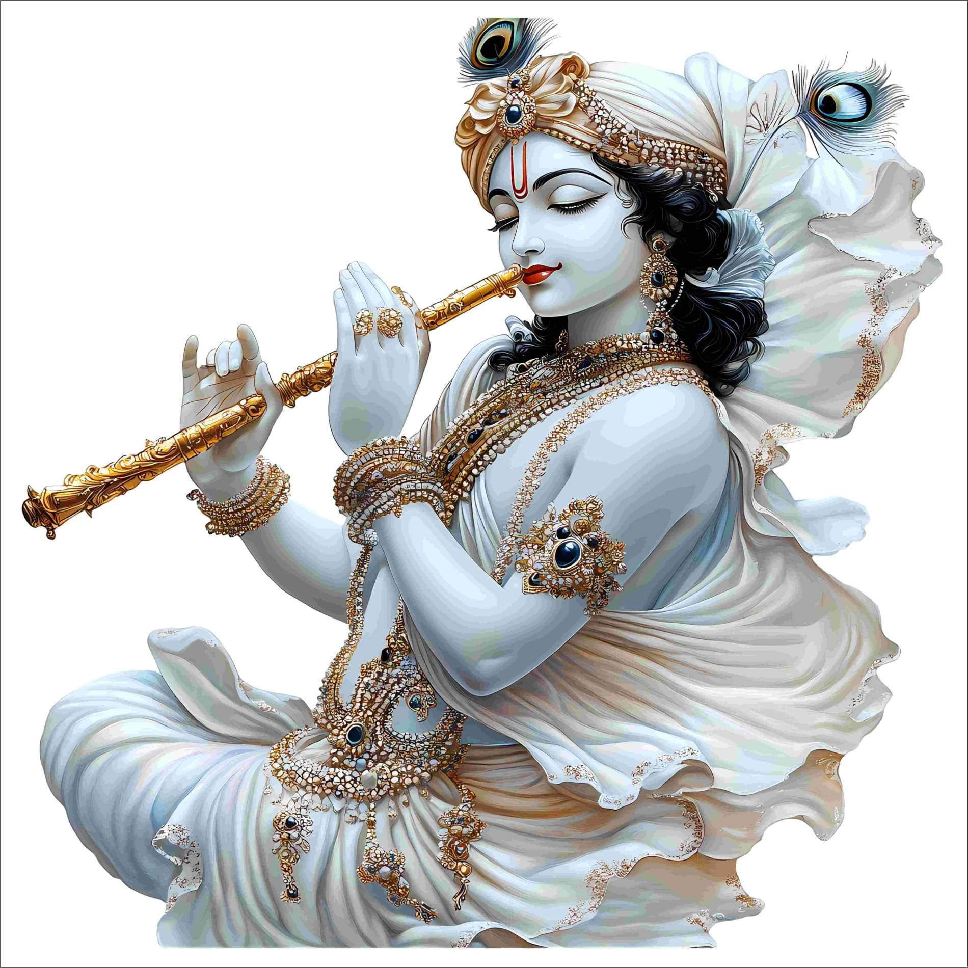     			Lord Krishna with Flute White Theme Vinyl Wall Sticker | 18x18 Inches Spiritual Wall Art for Home & Temple