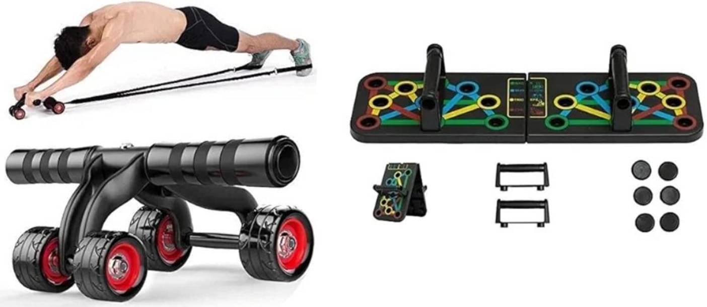     			MAGZI- 4 Wheel Ab Roller - Abdominal fitness trainer and Stomach exercise machine with 14 in 1 Home Workout Pushup Board, Execiser