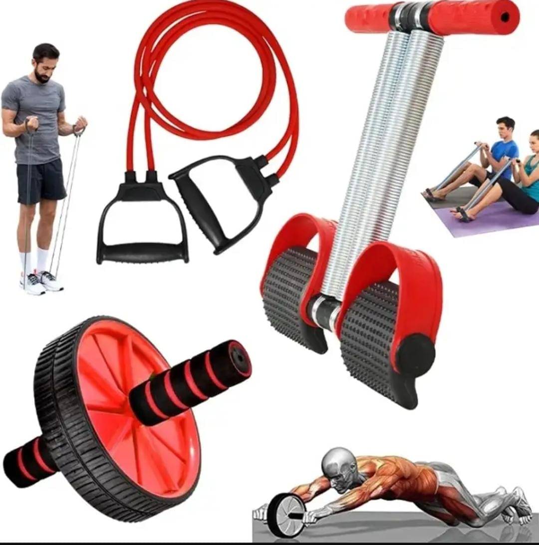 MAGZI- HOME GYM EQUIPMENT COMBO SET | 3 PACK | RED DOUBLE SPRING TUMMY TRIMMER | ABDOMINAL AB WHEEL EXECISER | TONING TUBE | COMBO KIT     			MAGZI- HOME GYM EQUIPMENT COMBO SET | 3 PACK | RED DOUBLE SPRING TUMMY TRIMMER | ABDOMINAL AB WHEEL EXECISER | TONING TUBE | COMBO KIT
