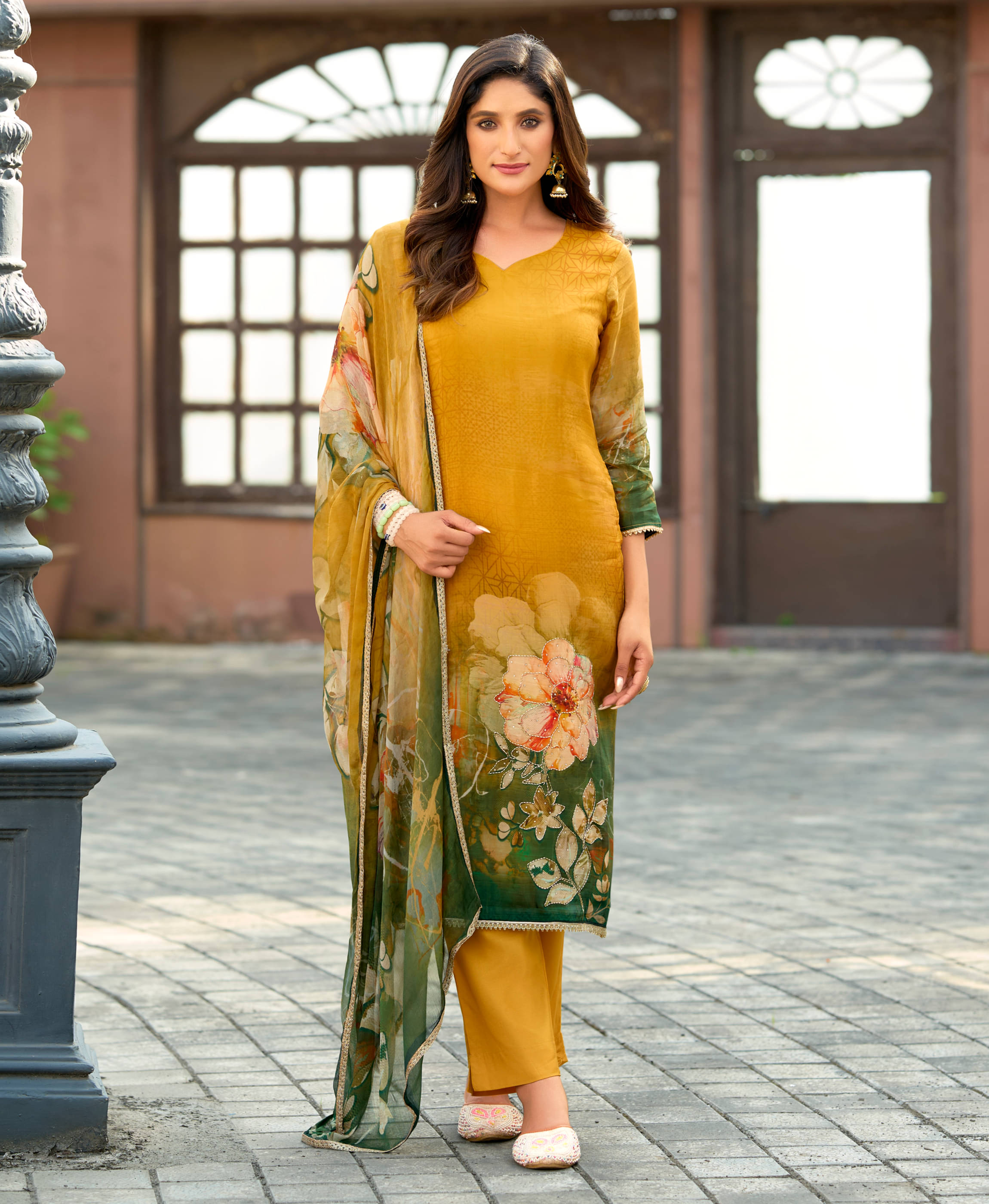 MOJILAA Women Organza Printed Straight Kurti With Pants ( Mustard )     			MOJILAA Women Organza Printed Straight Kurti With Pants ( Mustard )
