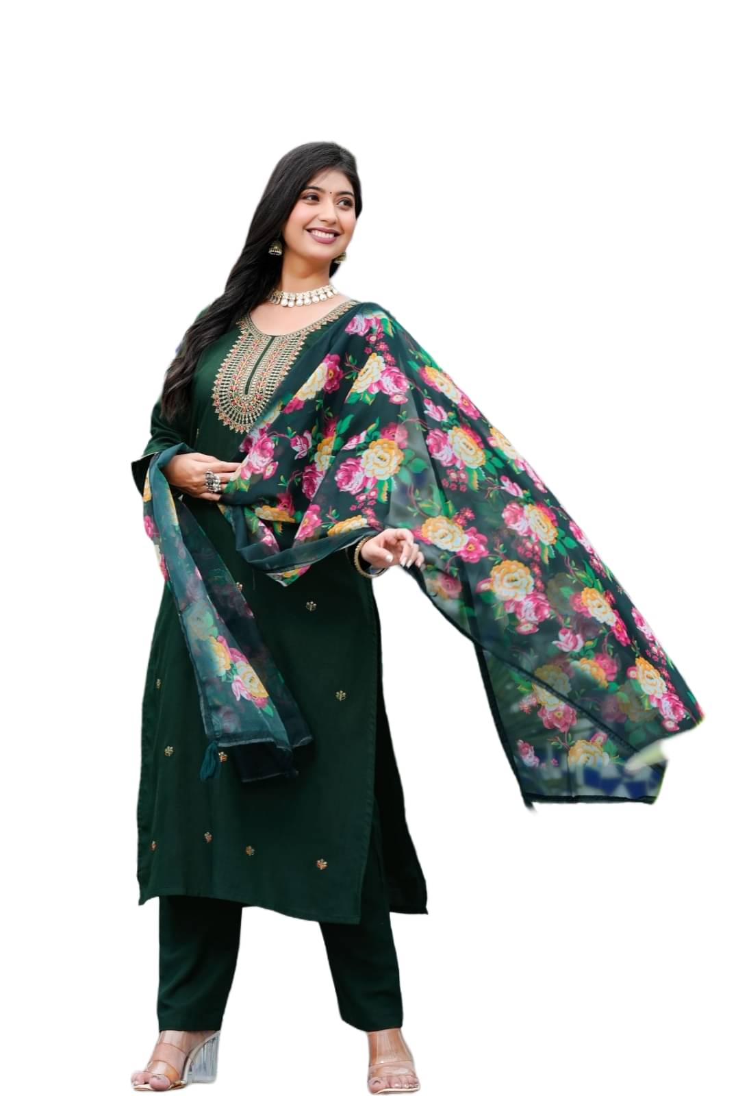     			Maa Enterprise Women Rayon Embroidered A-line Kurti With Pants ( Green )