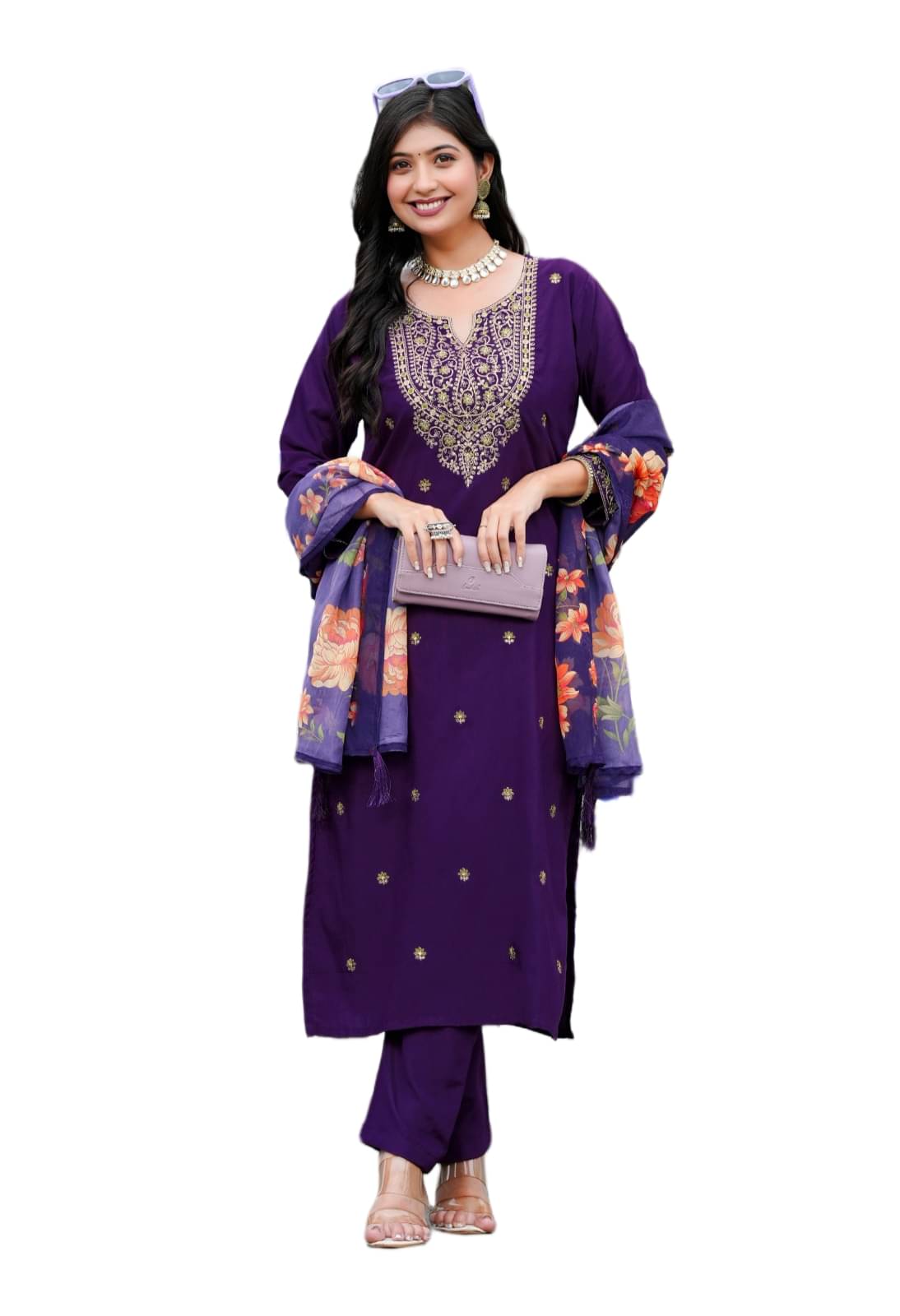     			Maa Enterprise Women Rayon Embroidered A-line Kurti With Pants ( Purple )