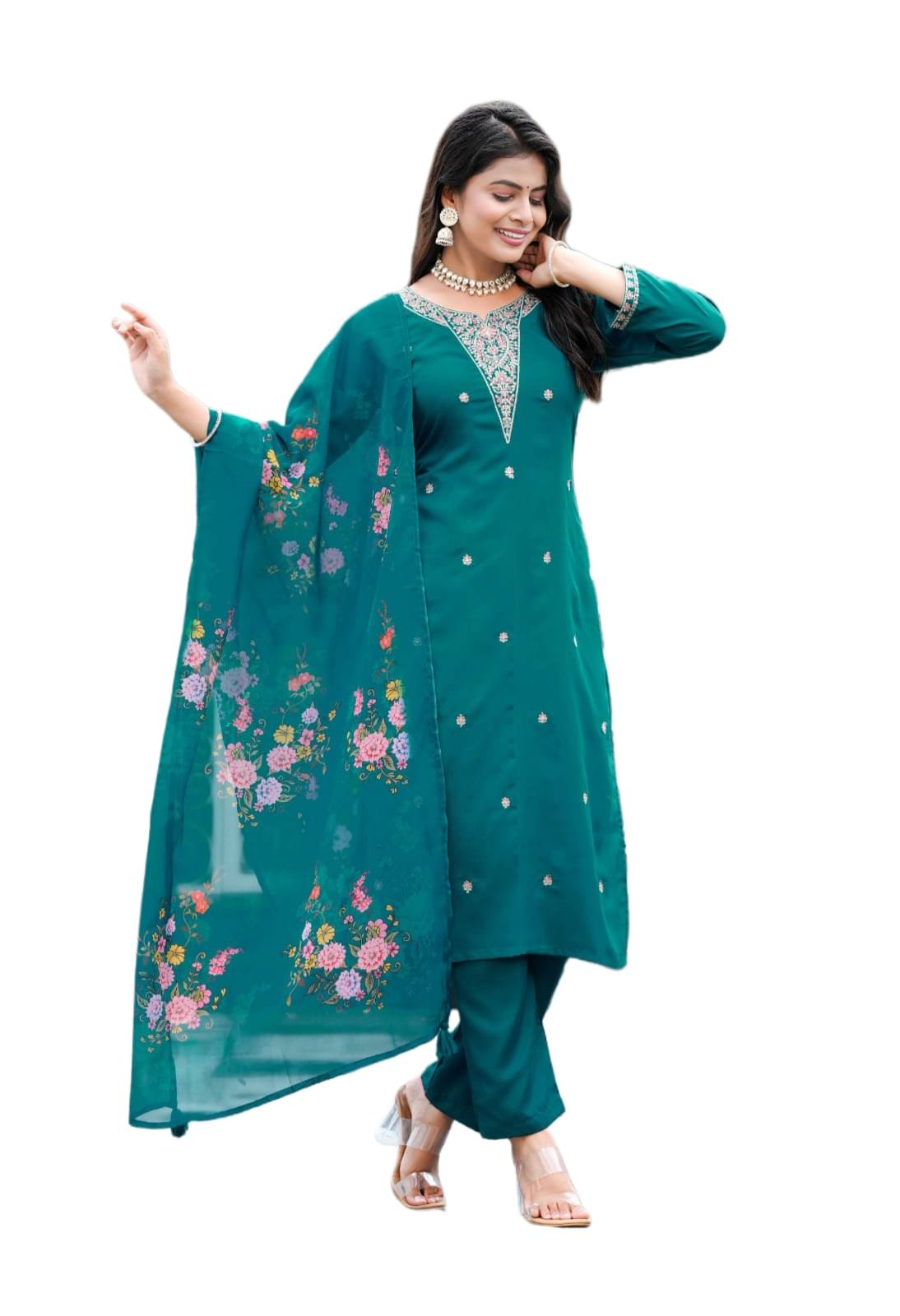     			Maa Enterprise Women Rayon Embroidered A-line Kurti With Pants ( Teal )
