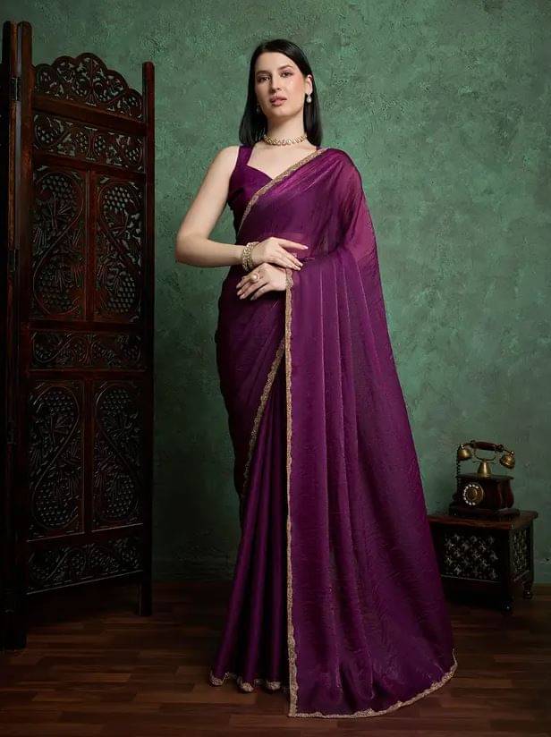     			Madhav Art Chiffon Embroidered Regular Saree With Unstitched Blouse Piece ( Purple )