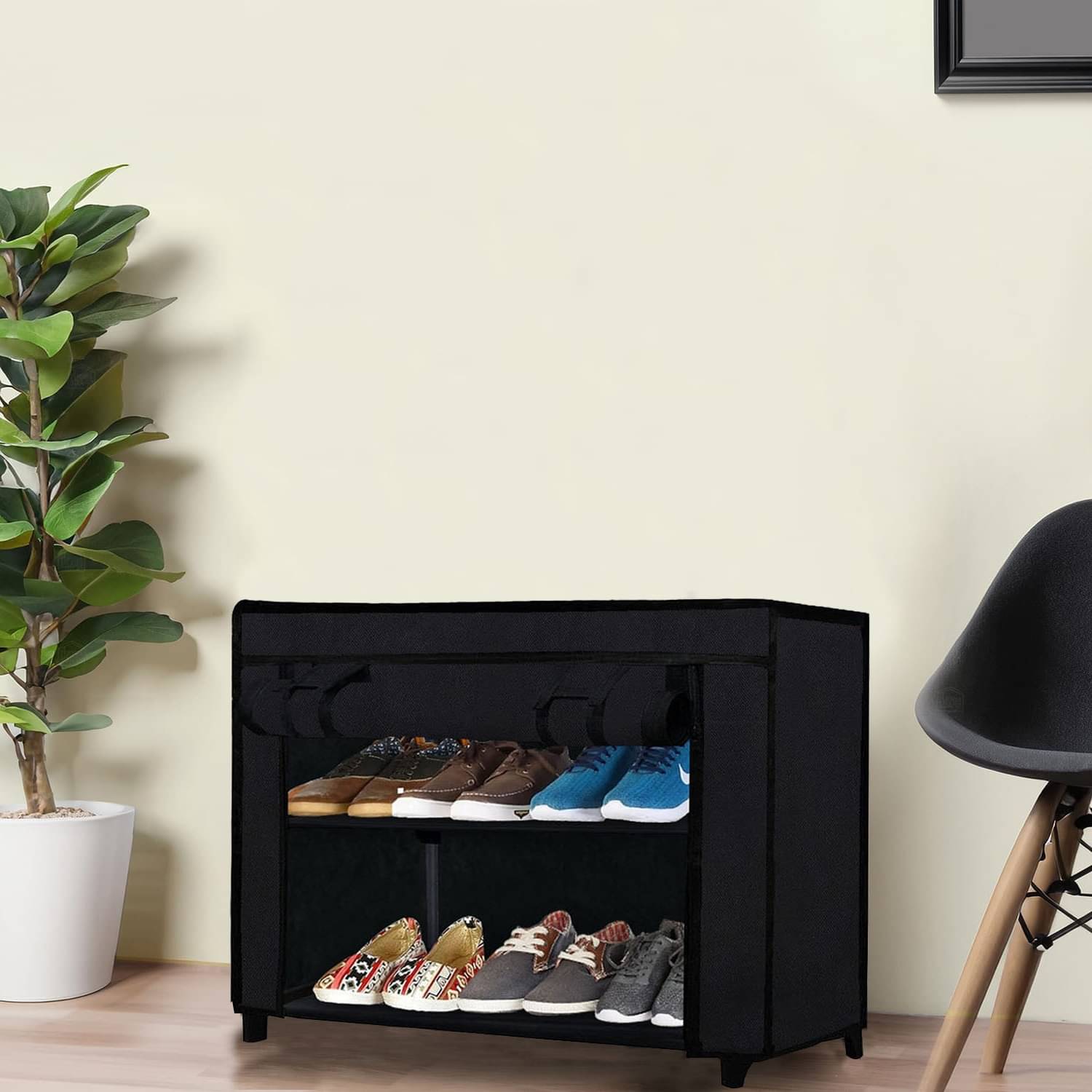     			Non-Woven Fabric Black Shoe Rack – 2-Tier with Easy Assembly