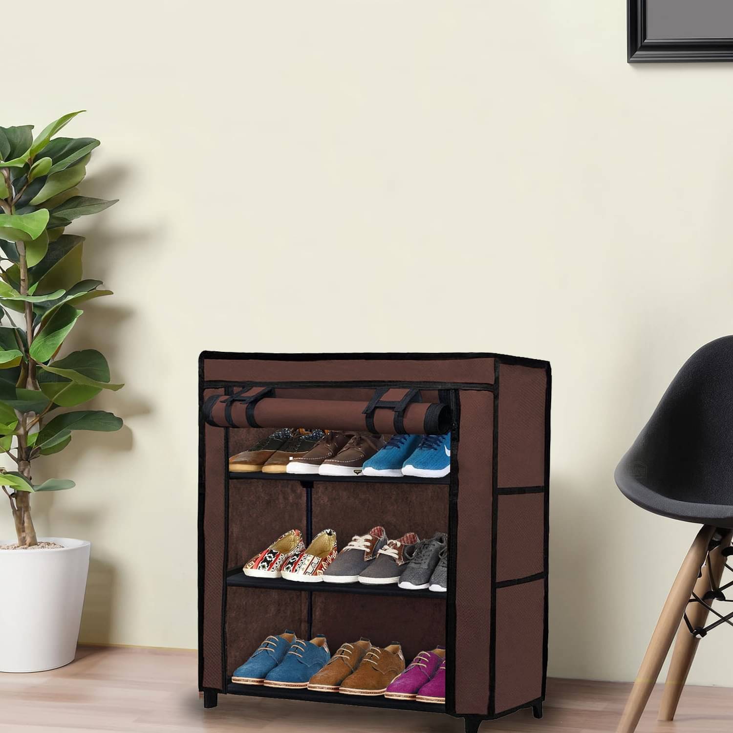     			Non-Woven Fabric Brown Shoe Rack – 3-Tier with Easy Assembly
