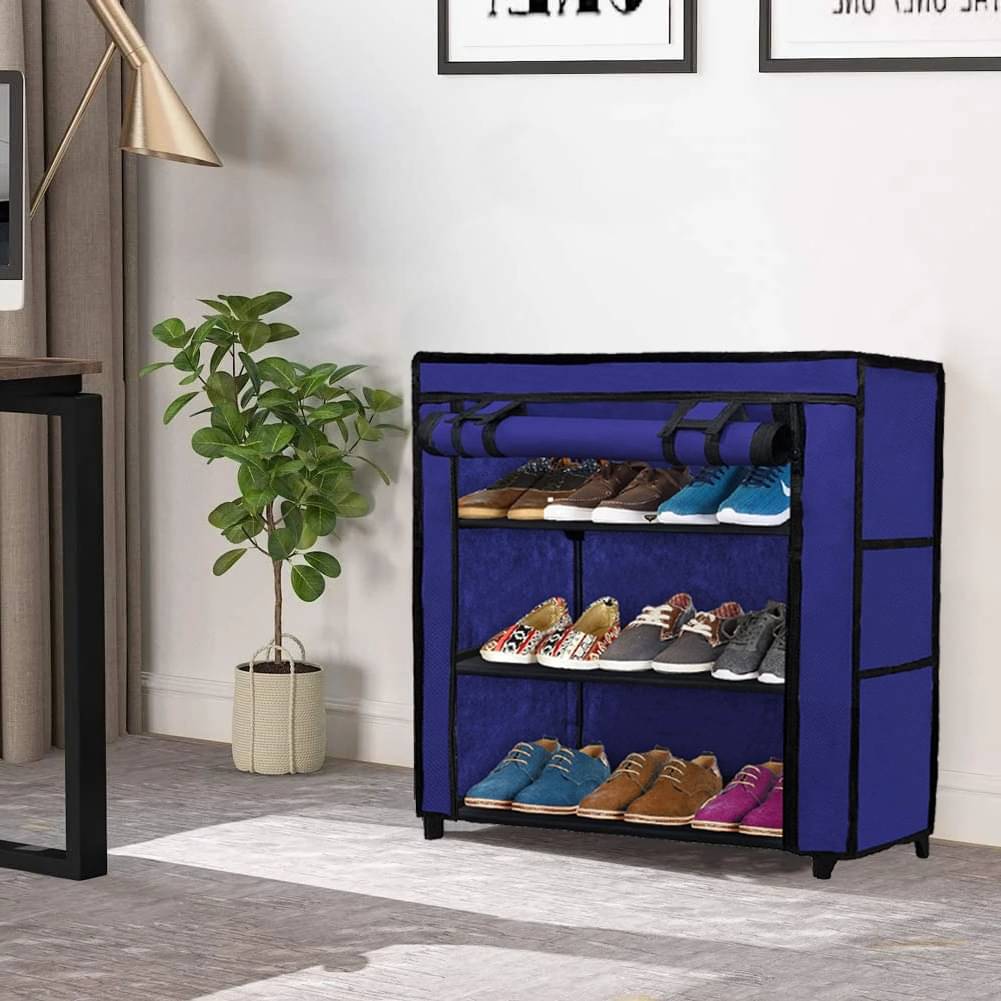    			Premium Quality Heavy-Duty Fabric 3 Shelves Blue Shoe Rack