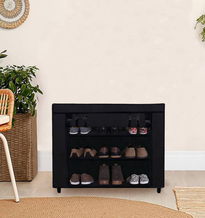     			Premium Quality Heavy-Duty Fabric 3 Shelves Black Shoe Rack