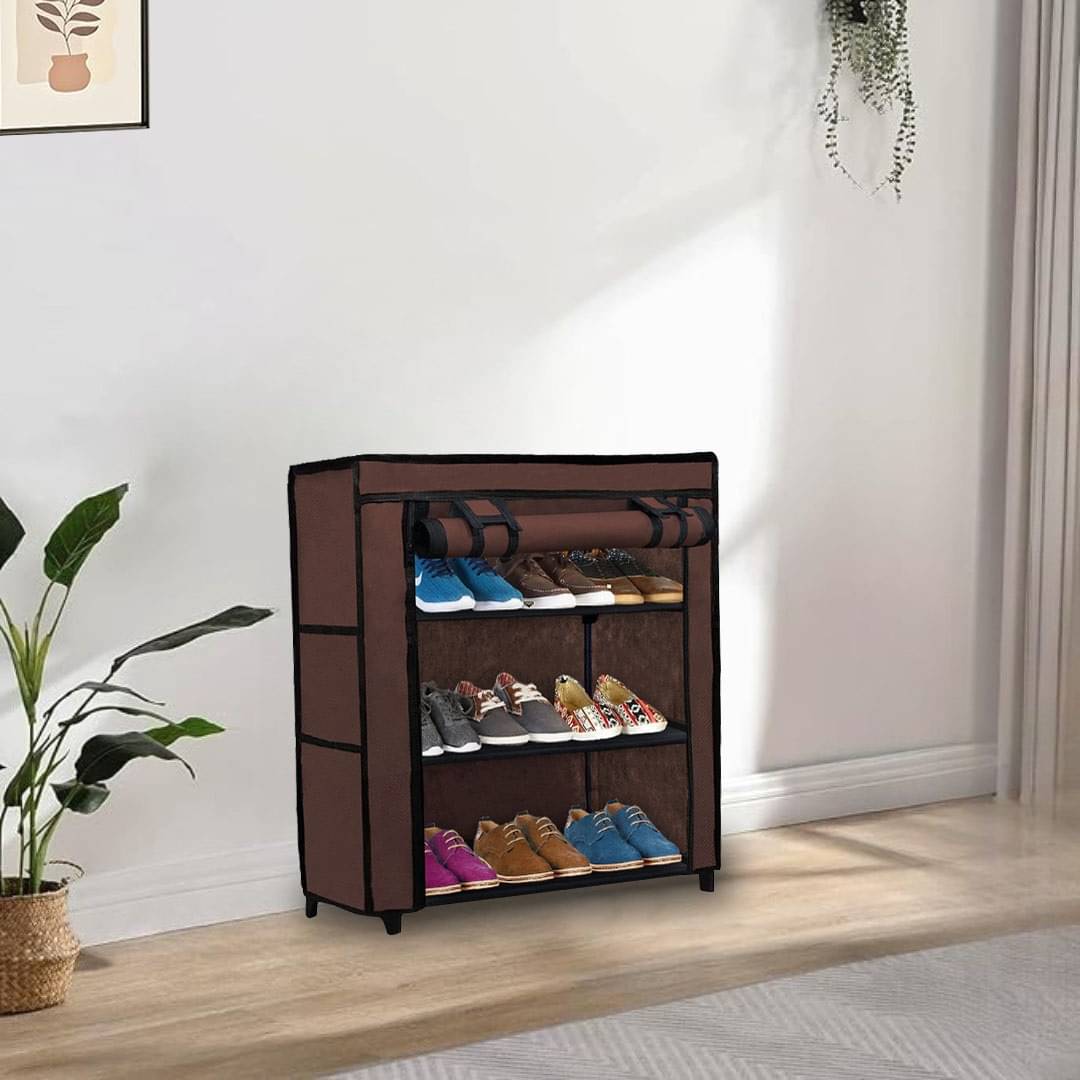     			Premium Quality Heavy-Duty Fabric 3 Shelves Brown Shoe Rack