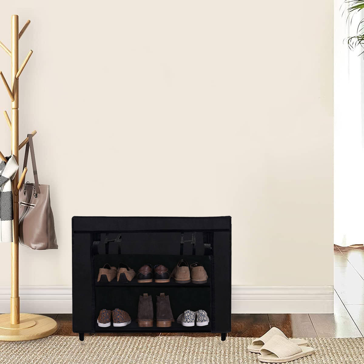     			Premium Quality Heavy-Duty Fabric 2 Shelves Black Shoe Rack