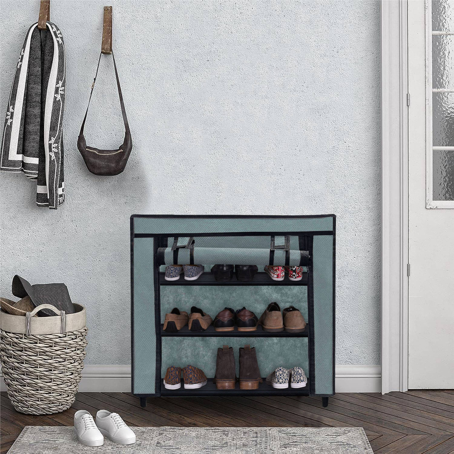     			Premium Quality Heavy-Duty Fabric 3 Shelves Grey Shoe Rack