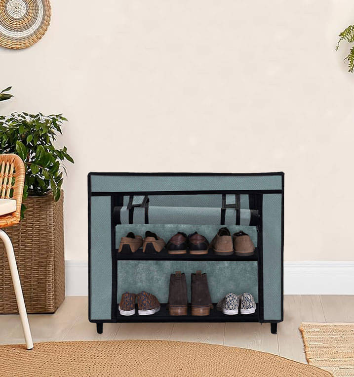     			Premium Quality Heavy-Duty Fabric 2 Shelves Grey Shoe Rack