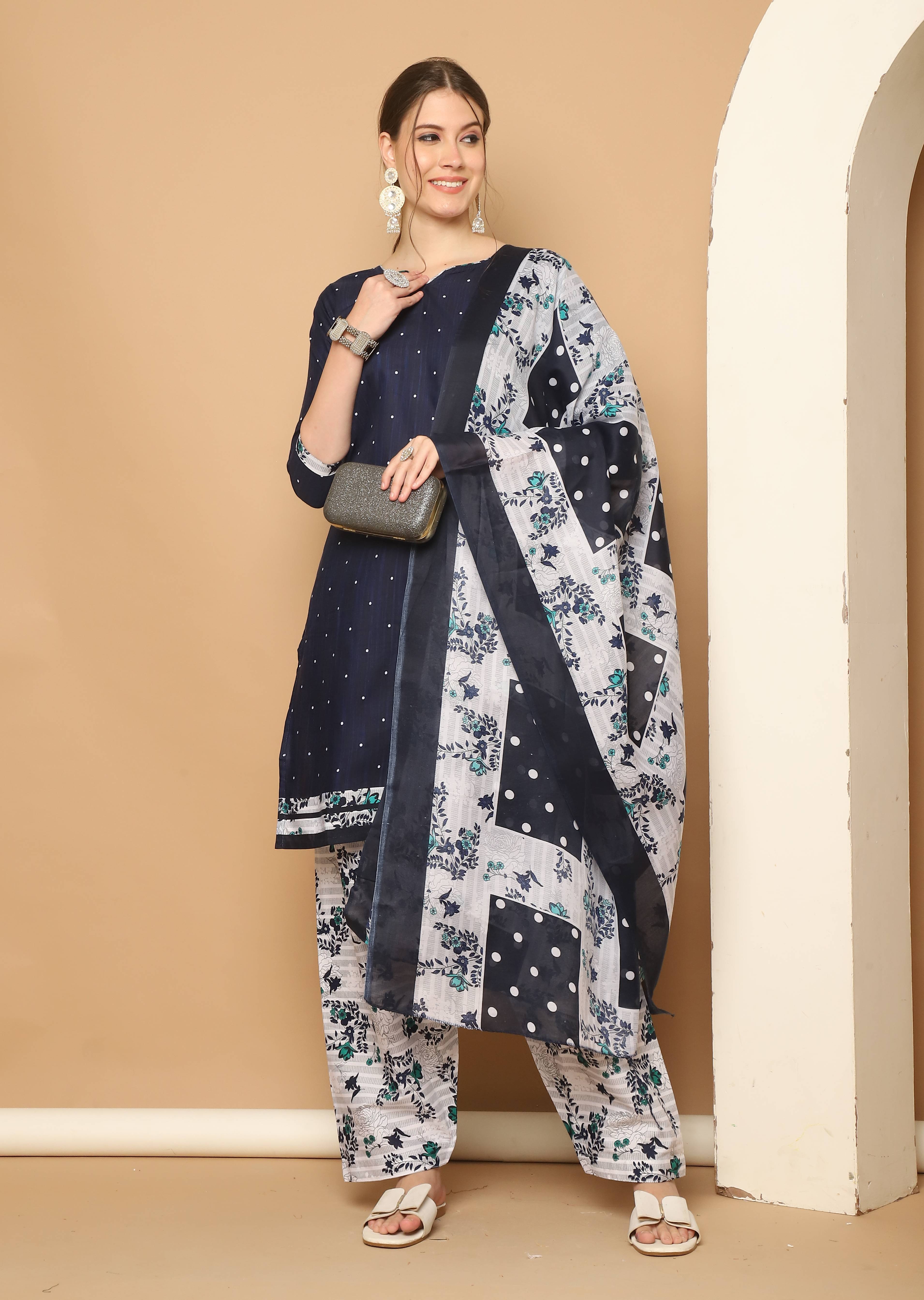     			ROLYPOLY Women Cotton Blend Printed Straight Kurti With Patiala Salwar ( Navy Blue )