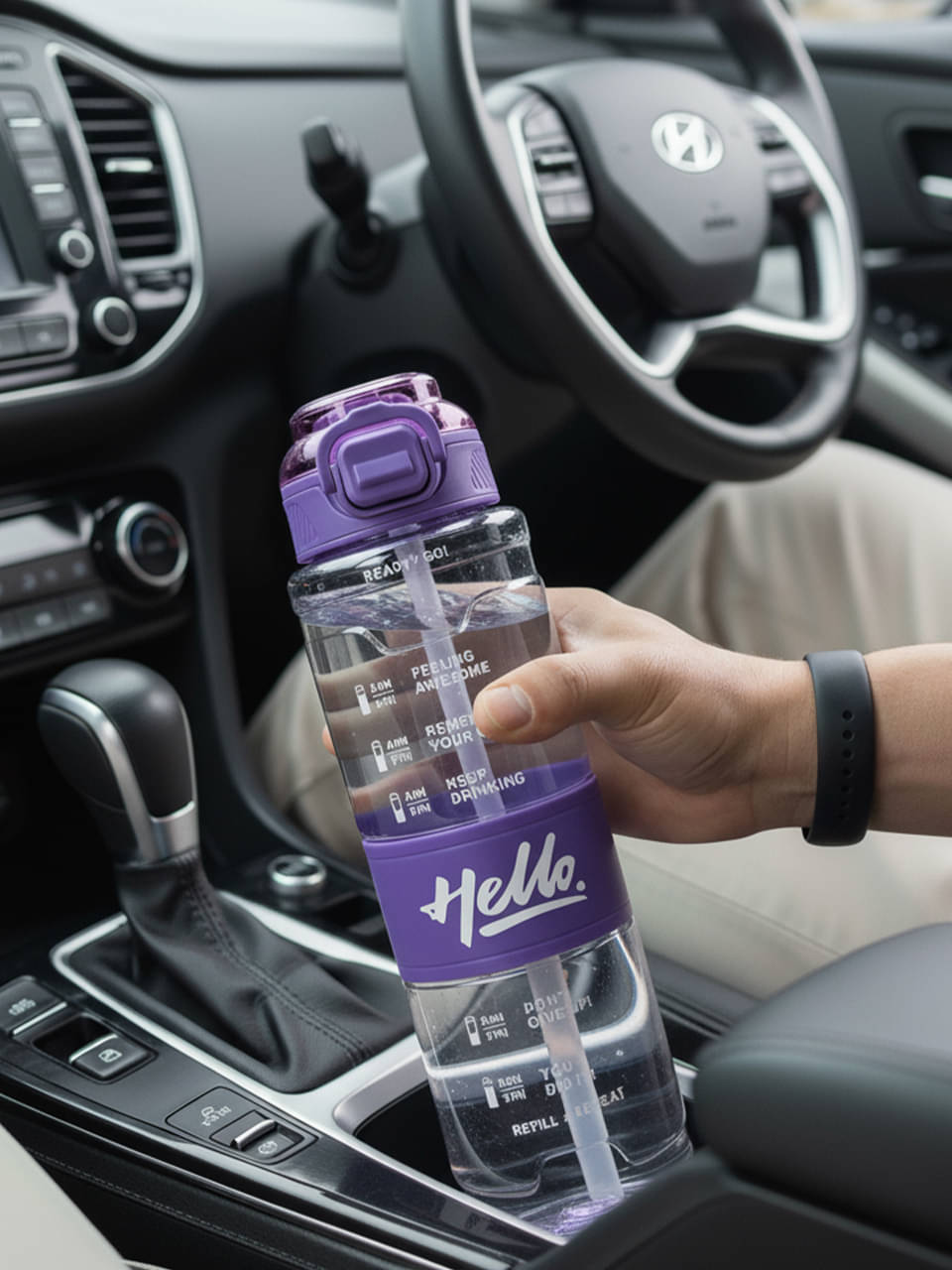     			Sageware Hello Printed 1000ml Water Bottle for Gym Office Purple Plastic Sipper Water Bottle 1000 mL ( Set of 1 )