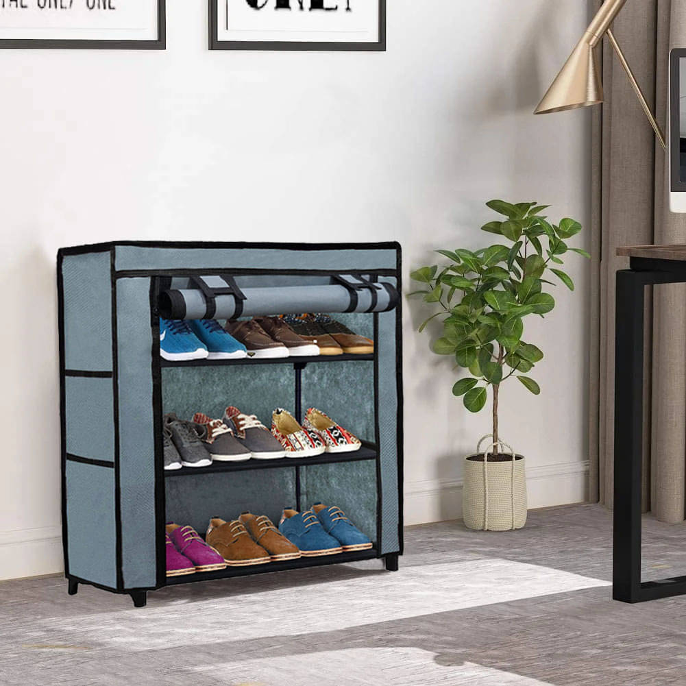     			Space-Saving Shoe Storage Rack –3-Tier Grey Metal Lightweight Frame