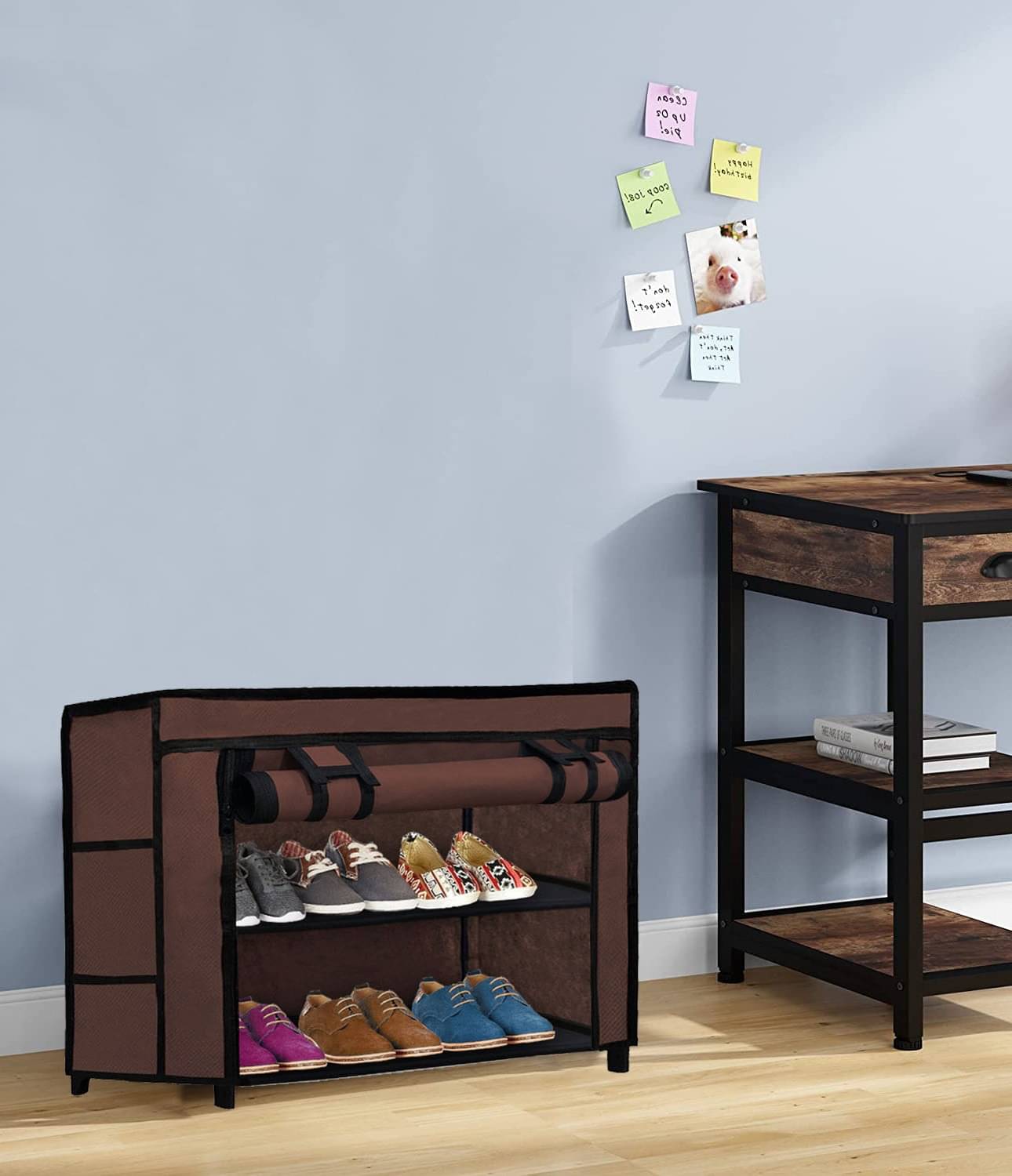     			Space-Saving Shoe Storage Rack –2-Tier Brown Metal Lightweight Frame