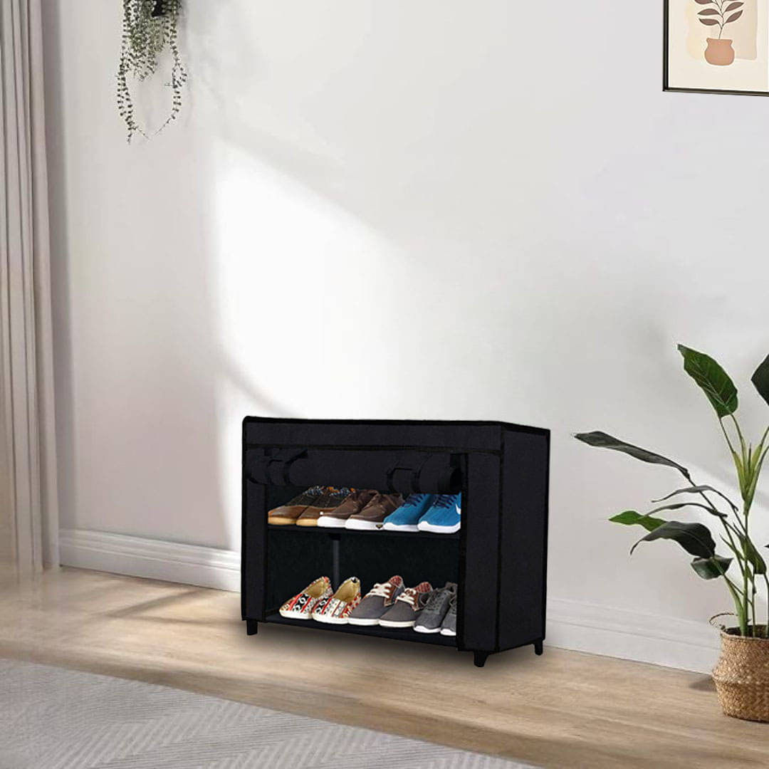     			Space-Saving Shoe Storage Rack –2-Tier Black Metal Lightweight Frame