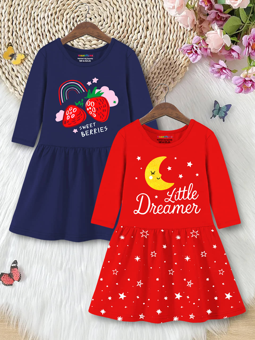 Trampoline Cotton Blend Dress For Girls ( Pack of 2 , Blue & Red )