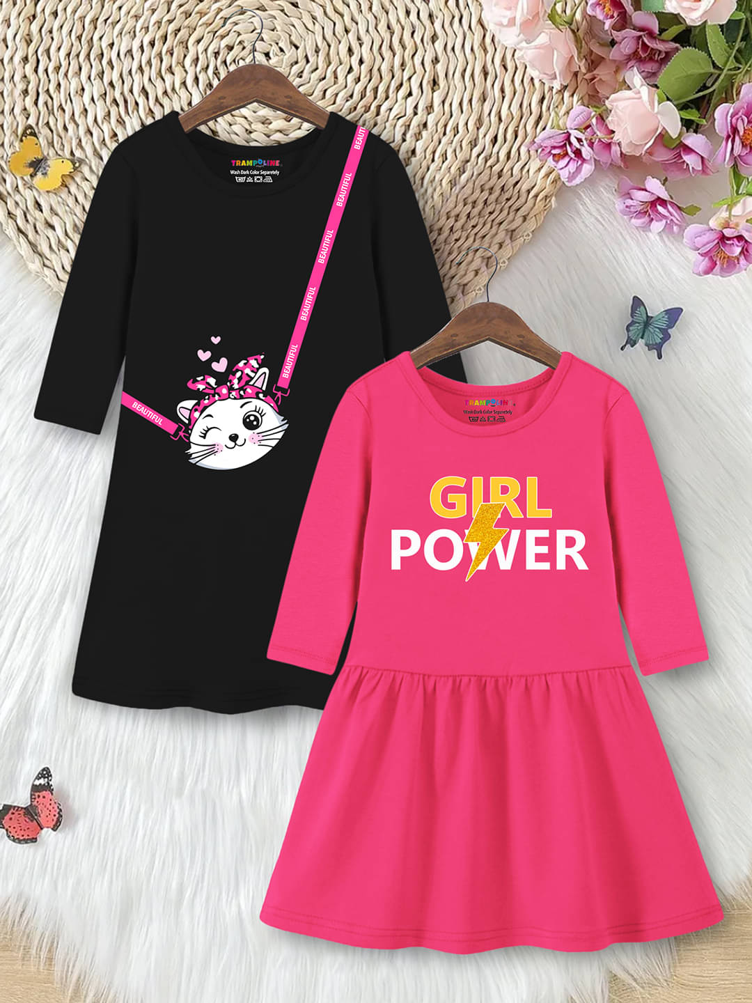 Trampoline Cotton Blend Dress For Girls ( Pack of 2 , Pink & Black )     			Trampoline Cotton Blend Dress For Girls ( Pack of 2 , Pink & Black )