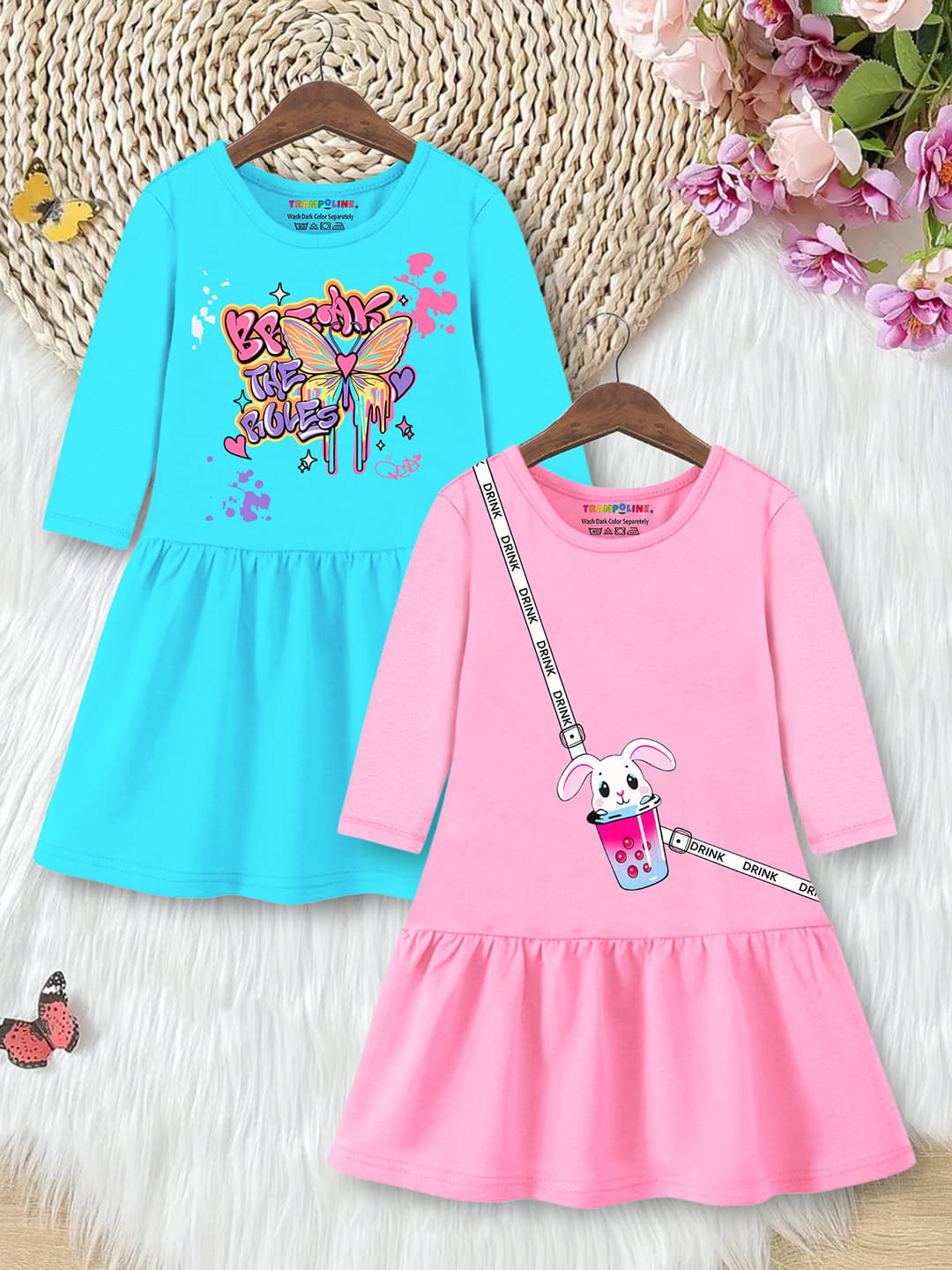 Trampoline Cotton Blend Dress For Girls ( Pack of 2 , Pink & Blue )     			Trampoline Cotton Blend Dress For Girls ( Pack of 2 , Pink & Blue )