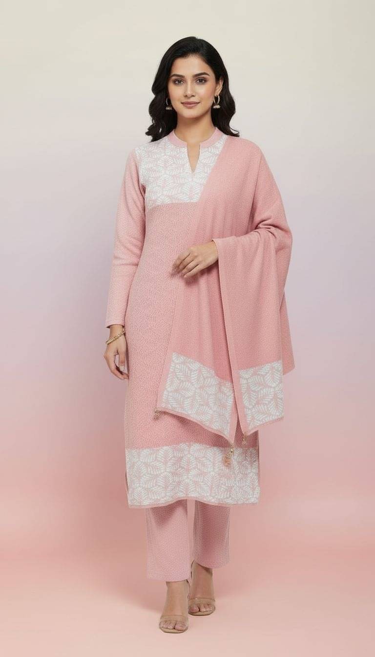     			WOOL'S KART Women Woollen Printed A-line Kurti With Palazzo ( Pink )