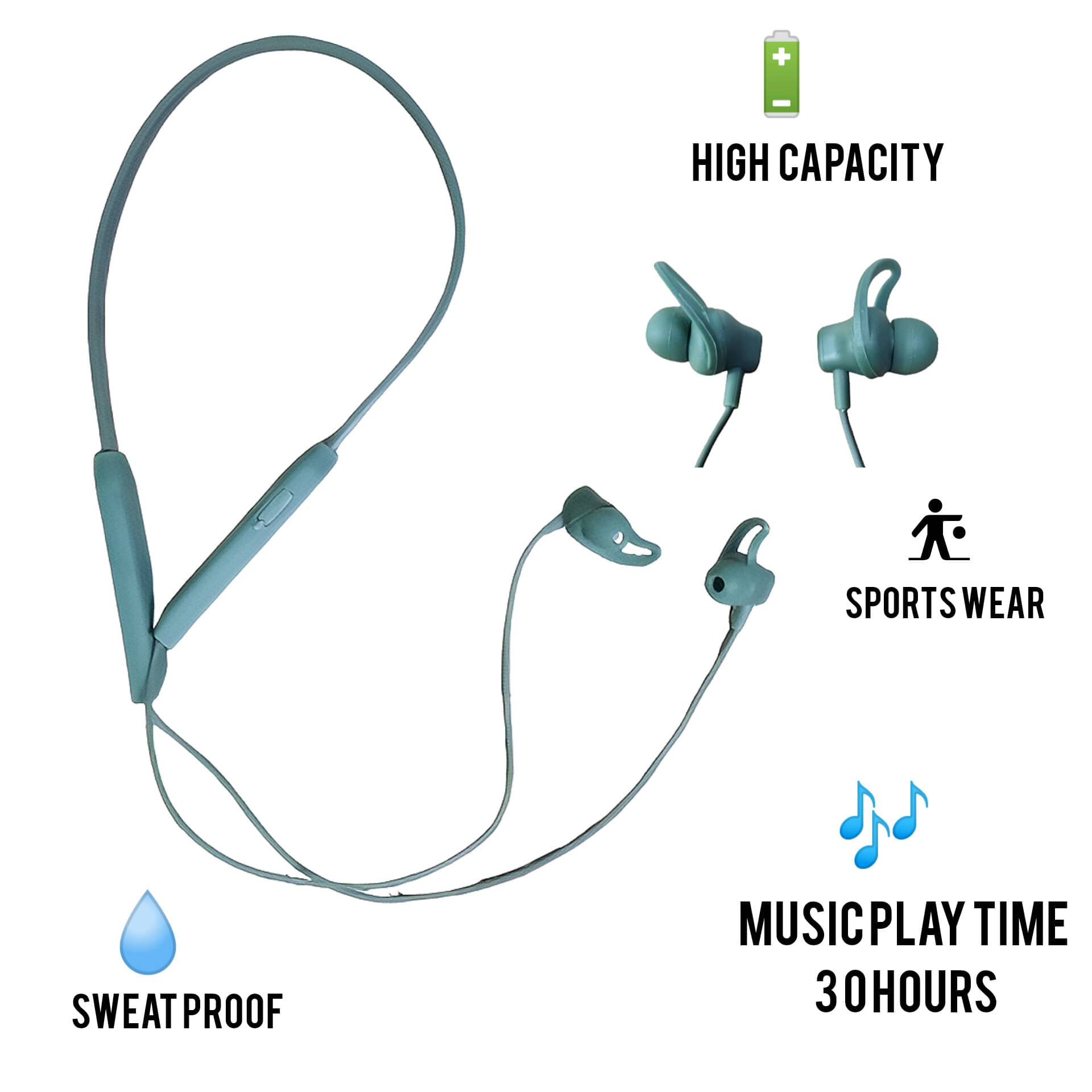     			Wireless Bluetooth Neckband Earphones 30H Playtime Sweatproof Sports Headset  Long Battery Life Bluetooth Neckband with Mic – 30 Hours Music Playtime