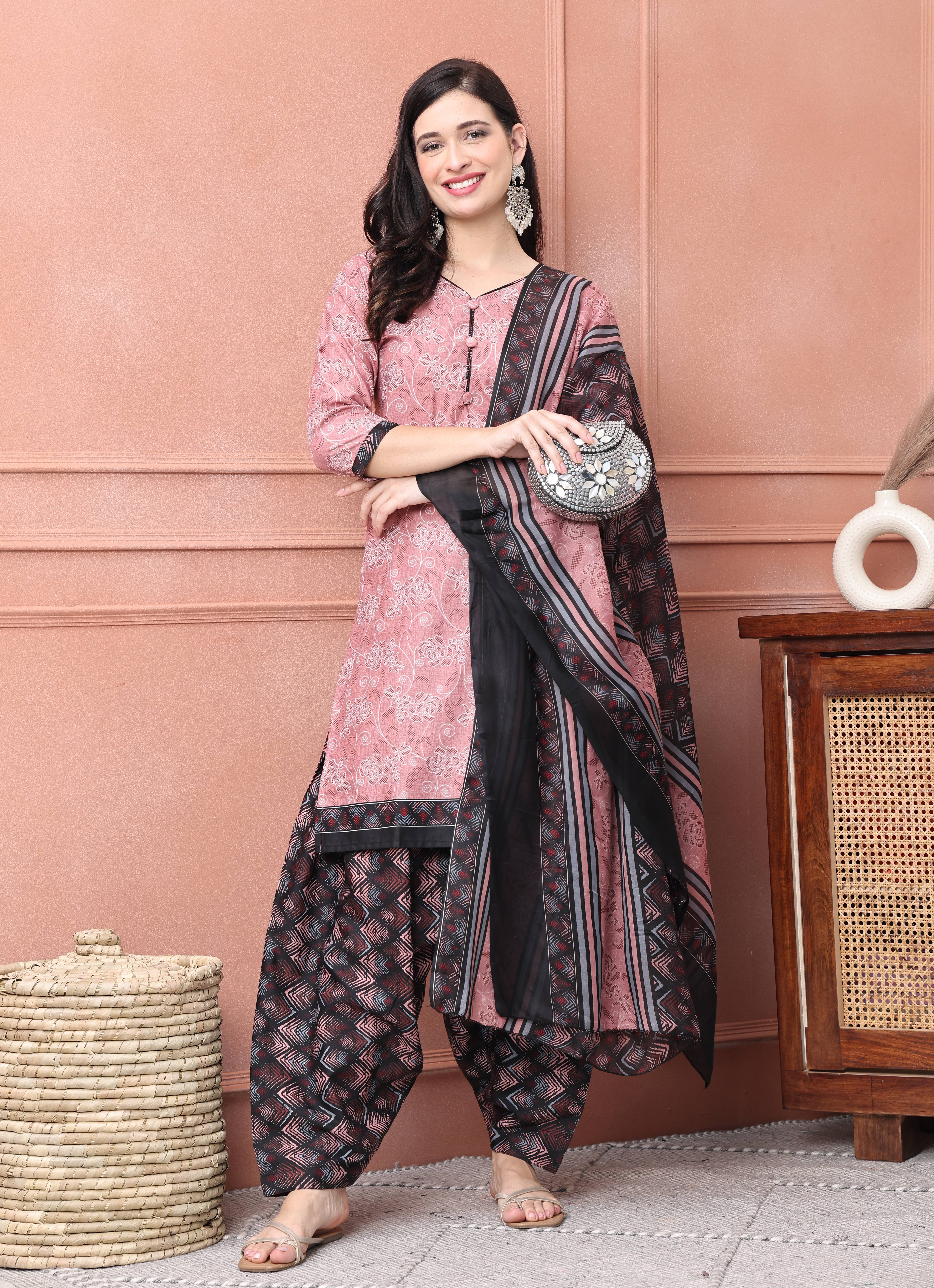 Aaradhya Fashion Women Cotton Blend Printed Straight Kurti With Patiala Salwar ( Mauve )     			Aaradhya Fashion Women Cotton Blend Printed Straight Kurti With Patiala Salwar ( Mauve )