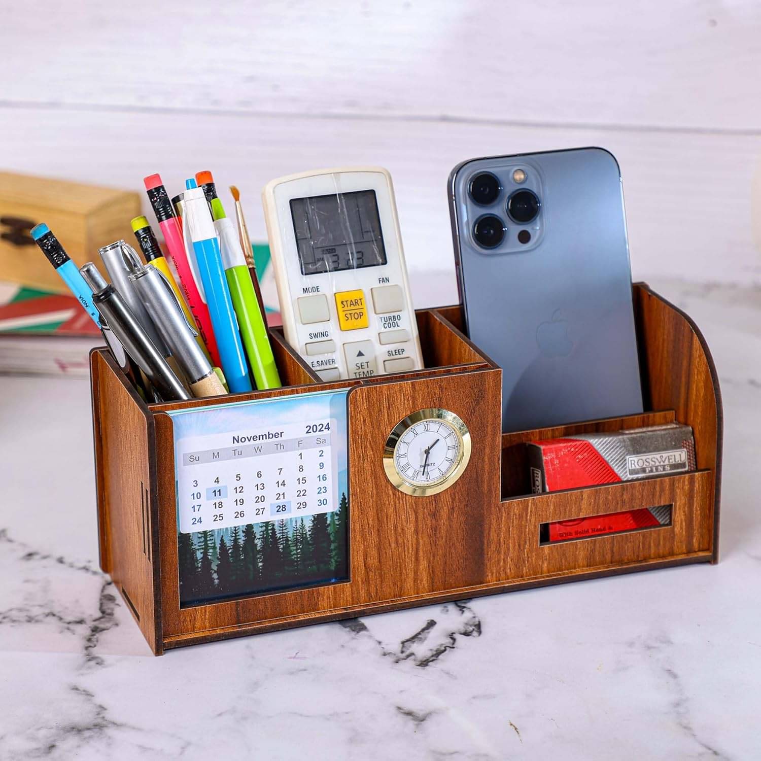     			Desk Organizer With Calender, Clock, Business Visiting Card And Mobile Holder|Multipurpose Wooden Pen And Pencil Holder Stand For Office&Study...