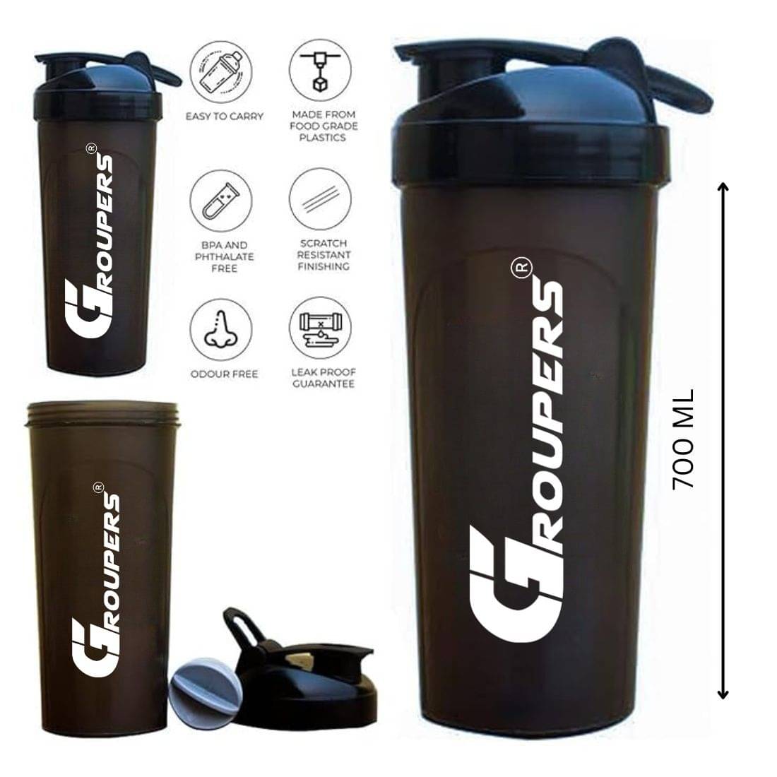 GROUPERS Plastic Black 700 mL Shaker,Bottle ( Pack of 1 ) GROUPERS Plastic Black 700 mL Shaker,Bottle ( Pack of 1 )