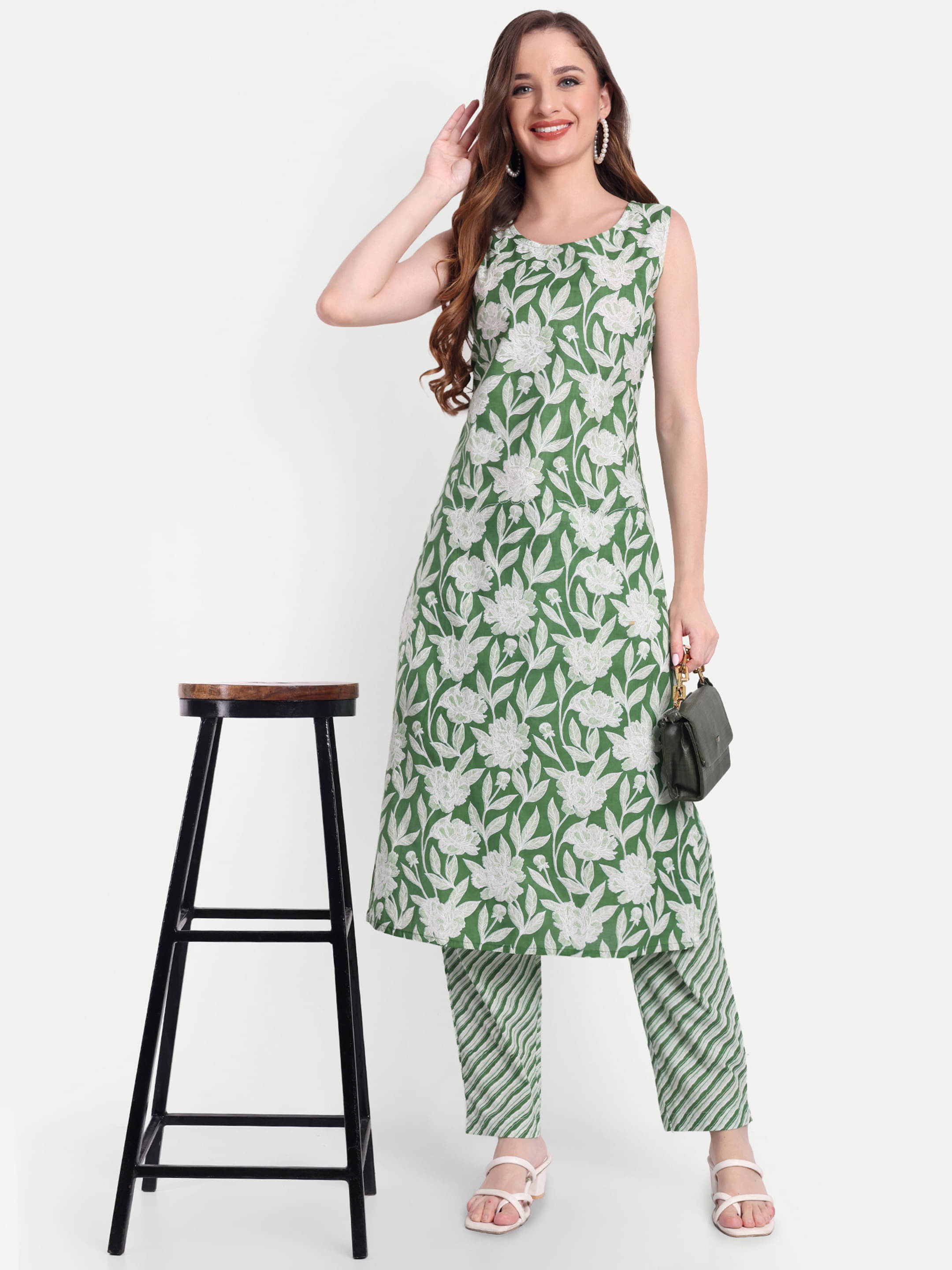 Greyshade Women Cotton Printed Straight Kurti With Salwar ( Green )     			Greyshade Women Cotton Printed Straight Kurti With Salwar ( Green )
