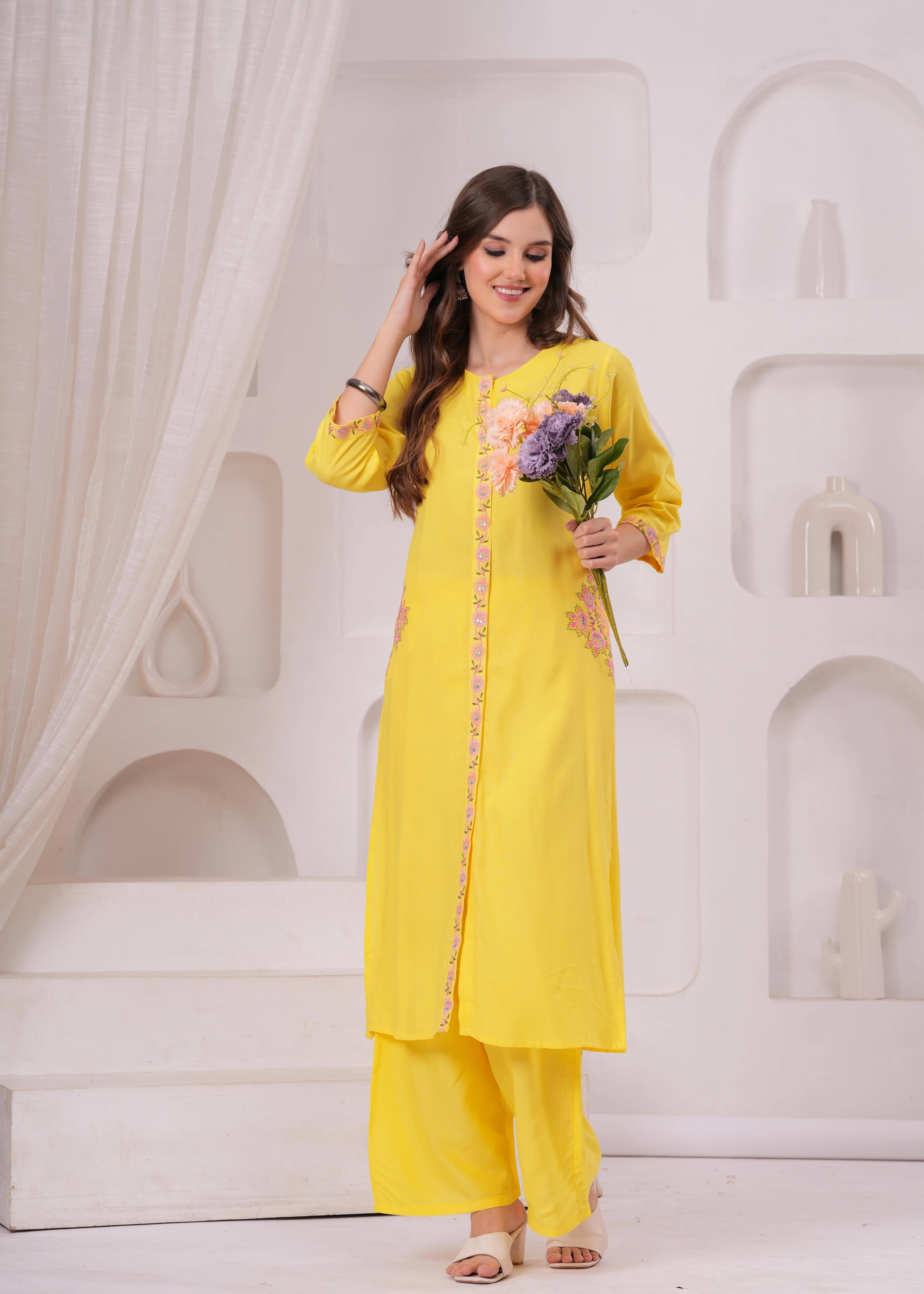     			Jyoti Women Viscose Self Design Straight Kurti With Pants ( Yellow )