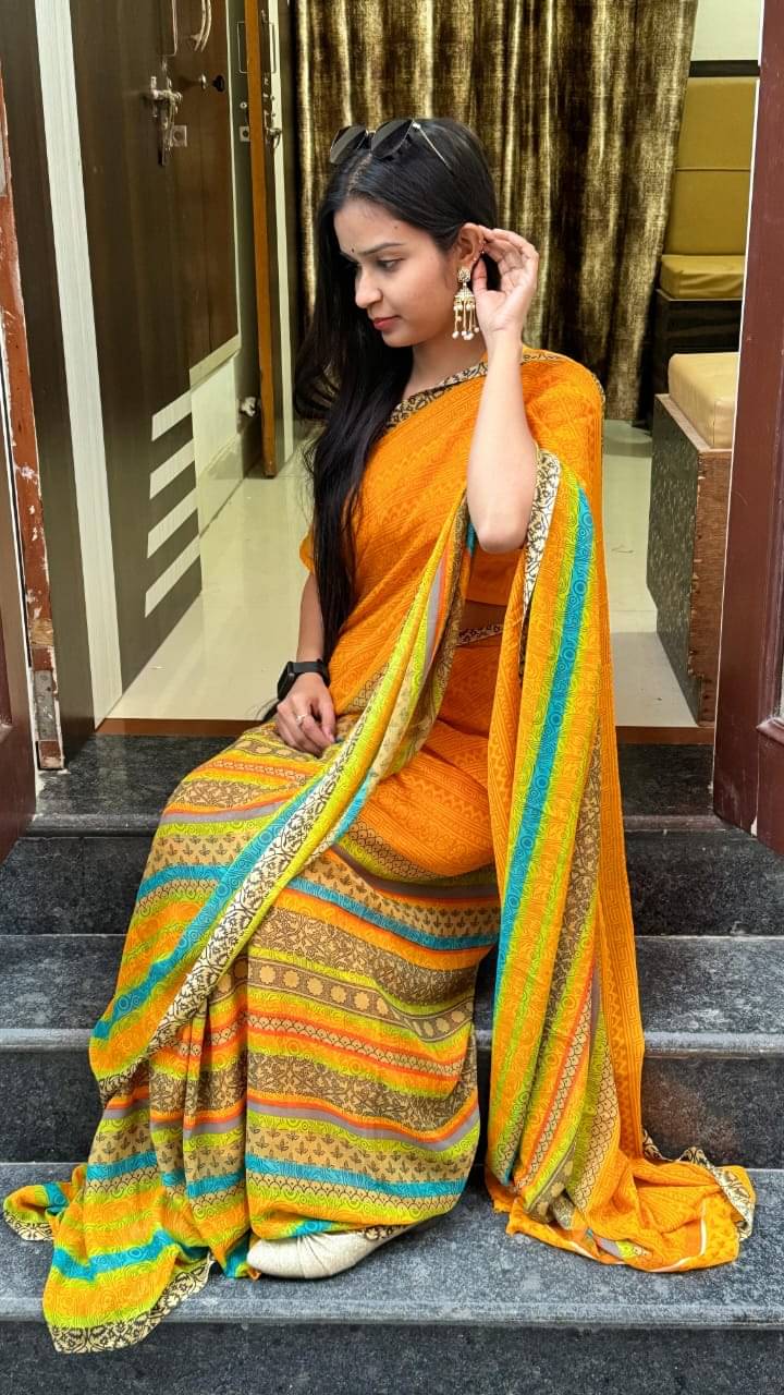 Kashvi Sarees Georgette Printed Ilkal Saree With Unstitched Blouse Piece ( Yellow )     			Kashvi Sarees Georgette Printed Ilkal Saree With Unstitched Blouse Piece ( Yellow )