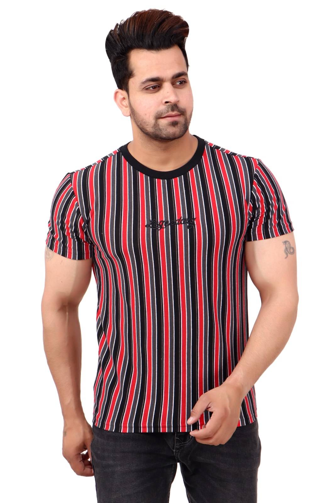     			MD By Mathra Dass Men Cotton Blend Regular Fit Striped T-Shirt ( Maroon )