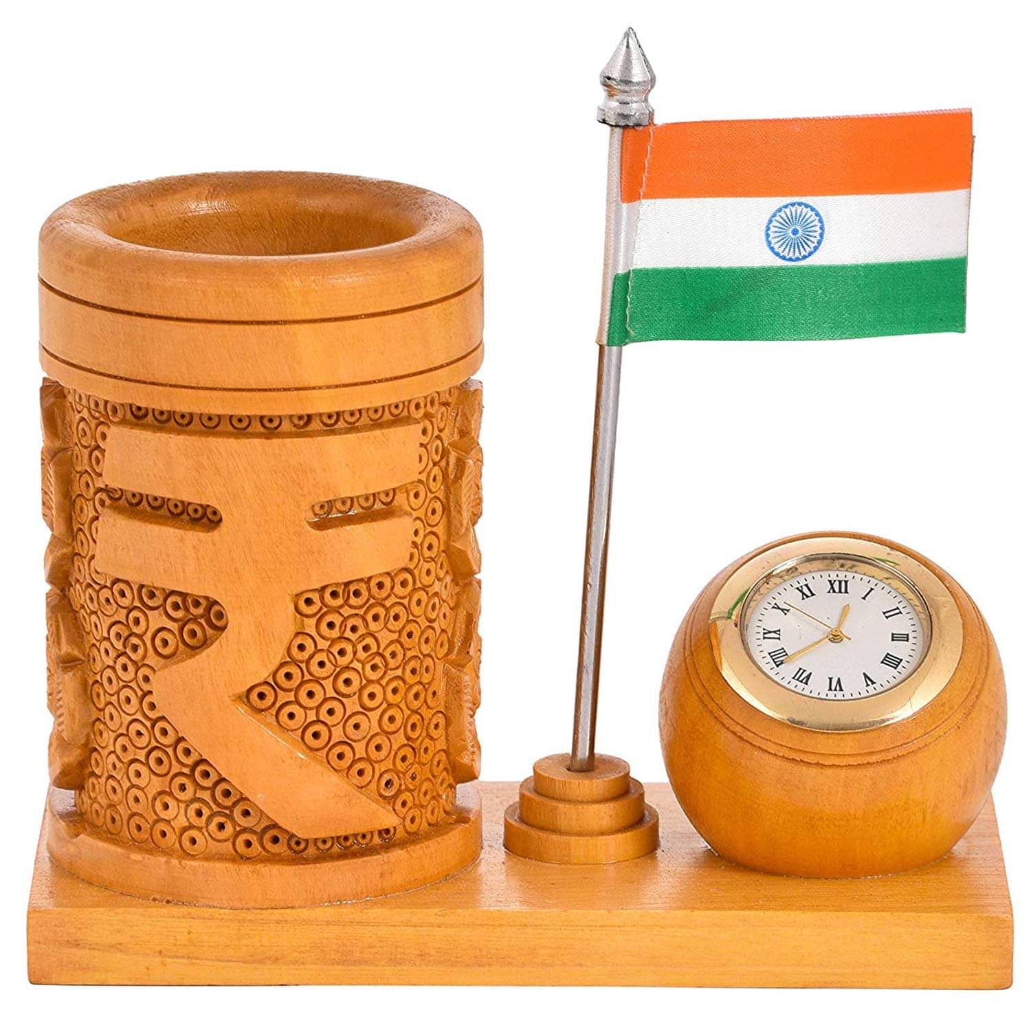     			MK HANDICRAFT Wooden Desk Organizer with Pen Stand, Table Clock & Indian Flag – Handcrafted Office Tabletop Accessory,