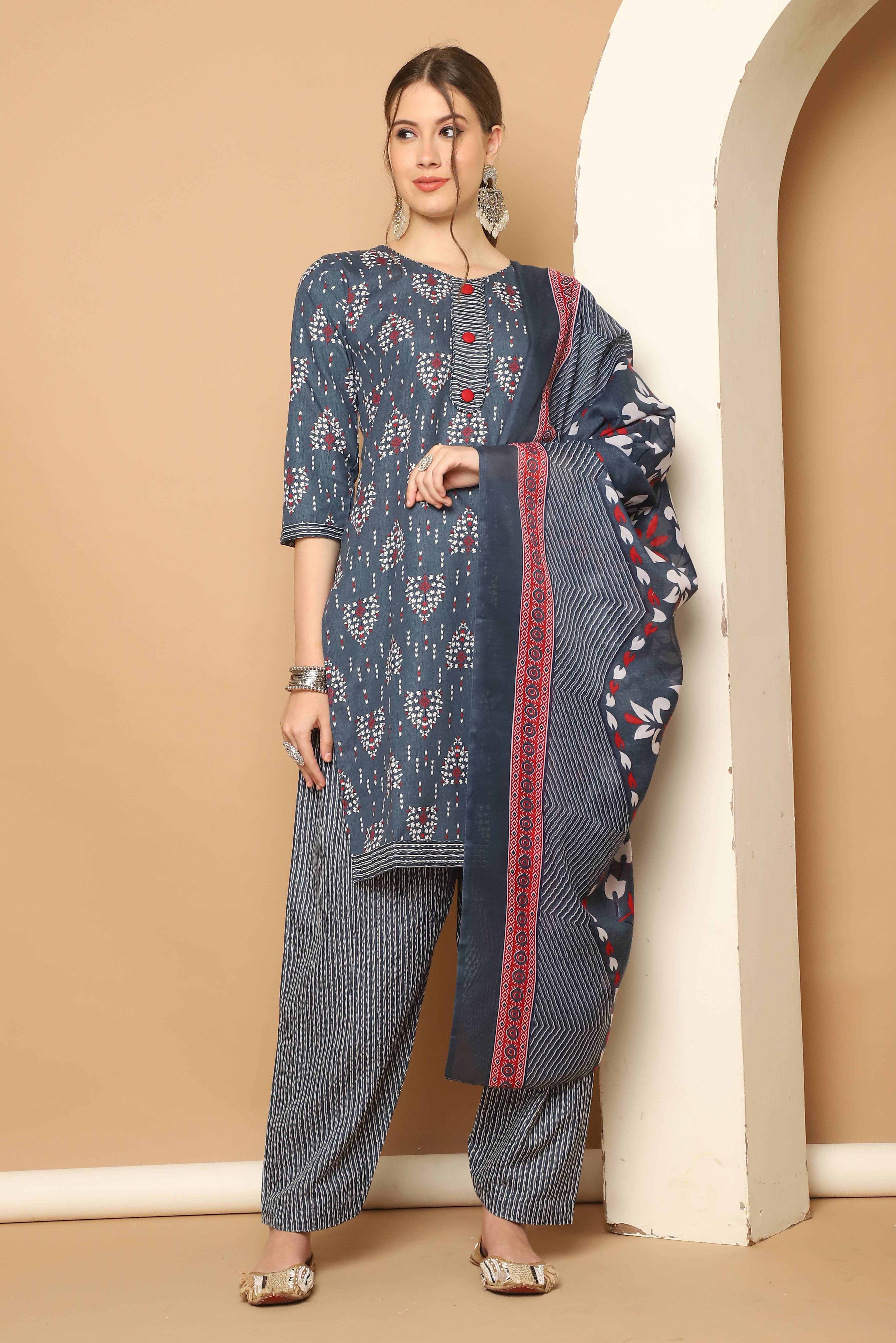 Rajnandini Women Cotton Blend Printed Straight Kurti With Patiala Salwar ( Grey )     			Rajnandini Women Cotton Blend Printed Straight Kurti With Patiala Salwar ( Grey )