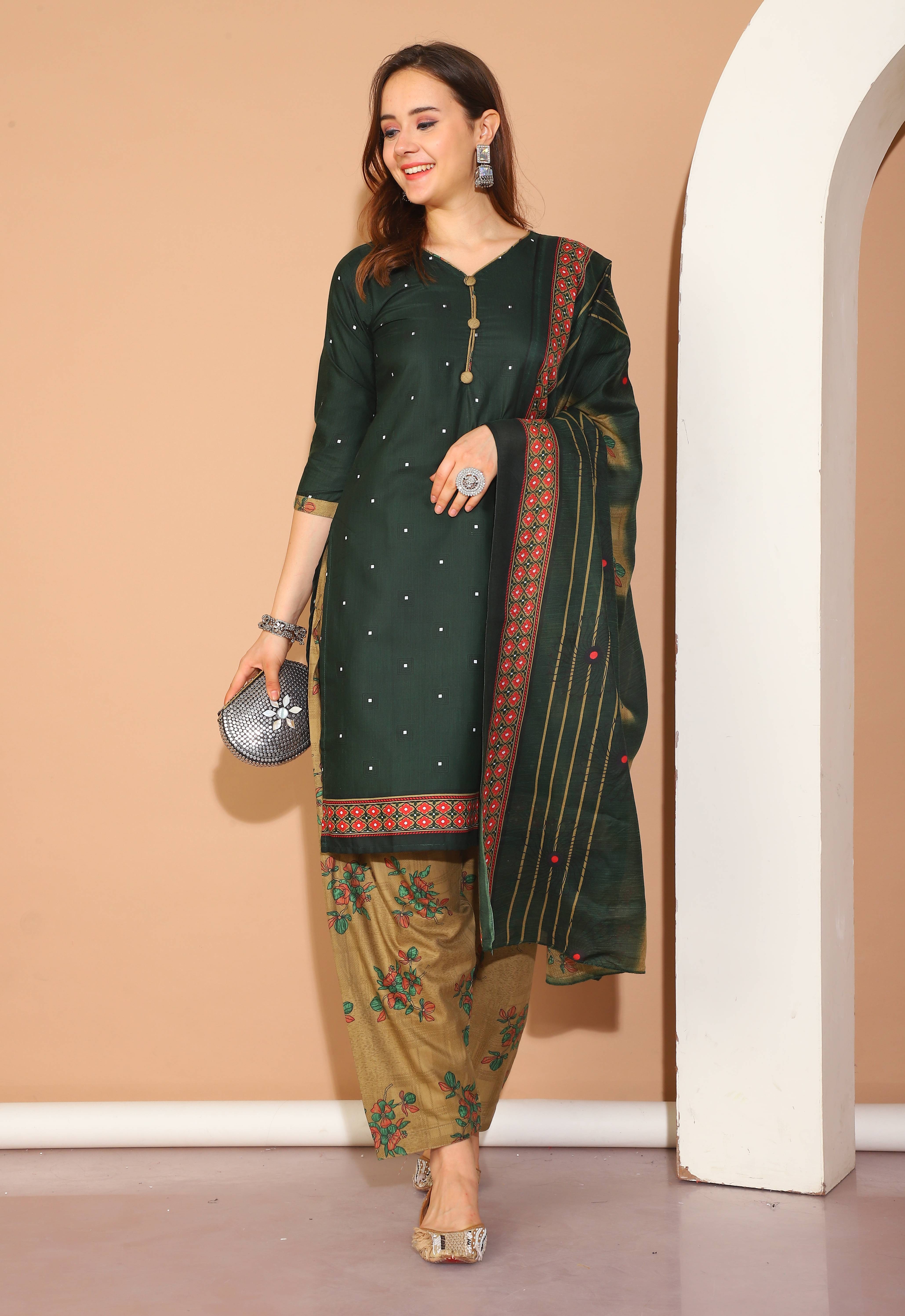     			Rajnandini Women Cotton Blend Printed Straight Kurti With Patiala Salwar ( Green )