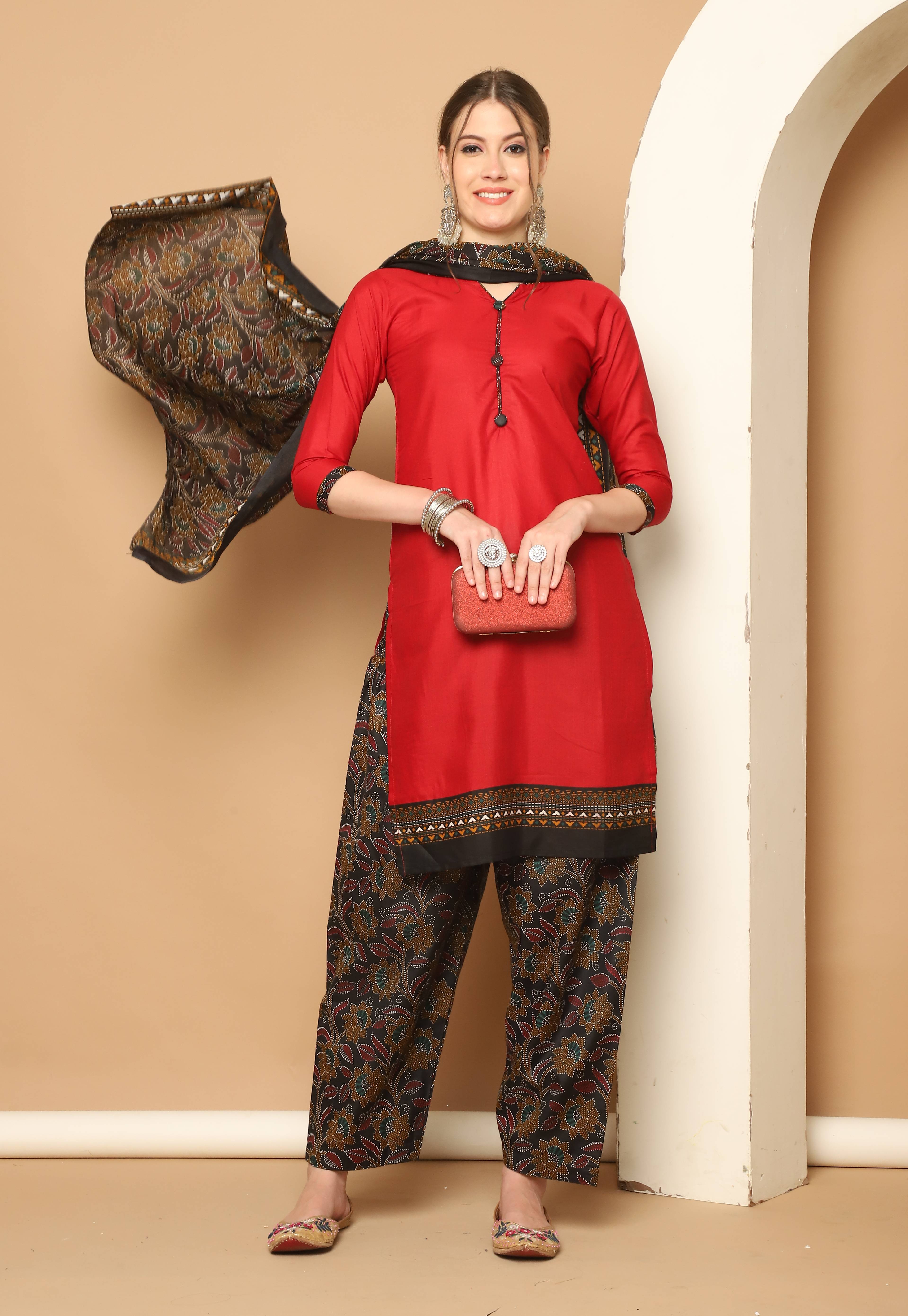     			Rajnandini Women Cotton Blend Printed Straight Kurti With Patiala Salwar ( Maroon )
