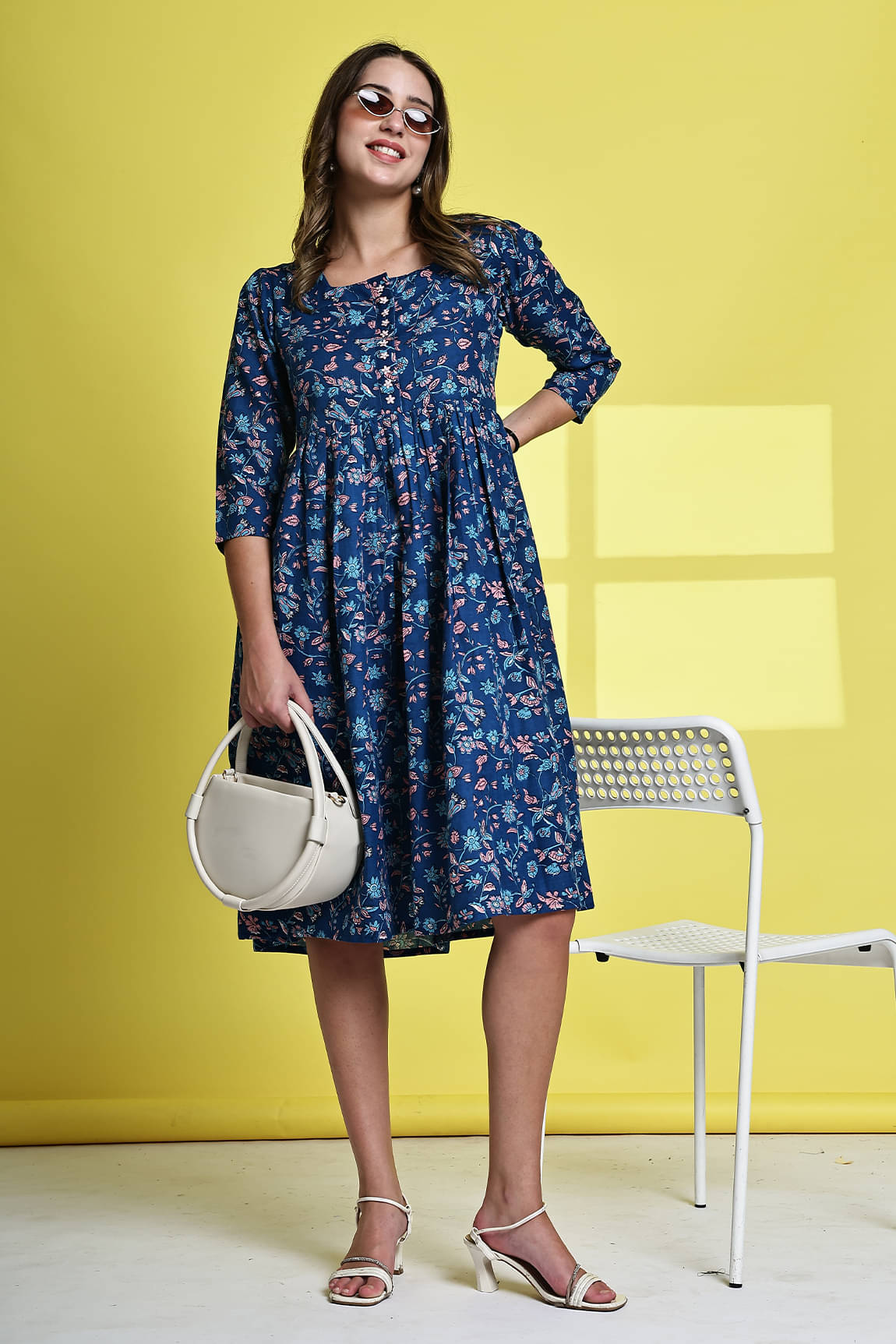 Rajnandini Women Cotton Printed A-line Dress ( Blue )     			Rajnandini Women Cotton Printed A-line Dress ( Blue )
