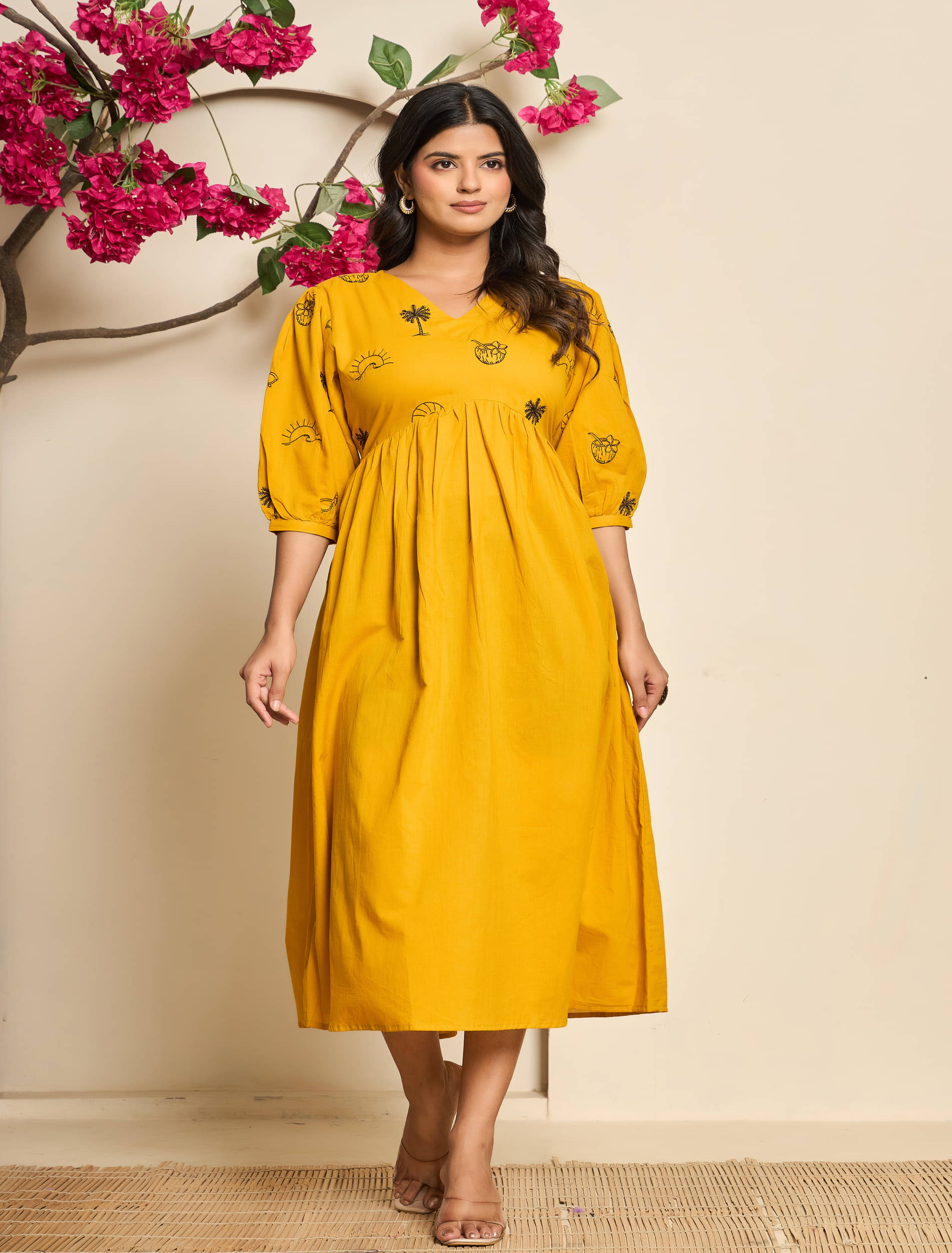 Rangrekha creations Women Cotton Embroidered Empire Dress ( Mustard )     			Rangrekha creations Women Cotton Embroidered Empire Dress ( Mustard )