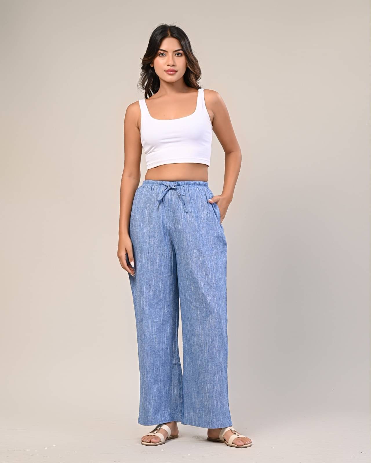     			SEREN MILANO Women Cotton Wide Leg Trousers ( Blue )